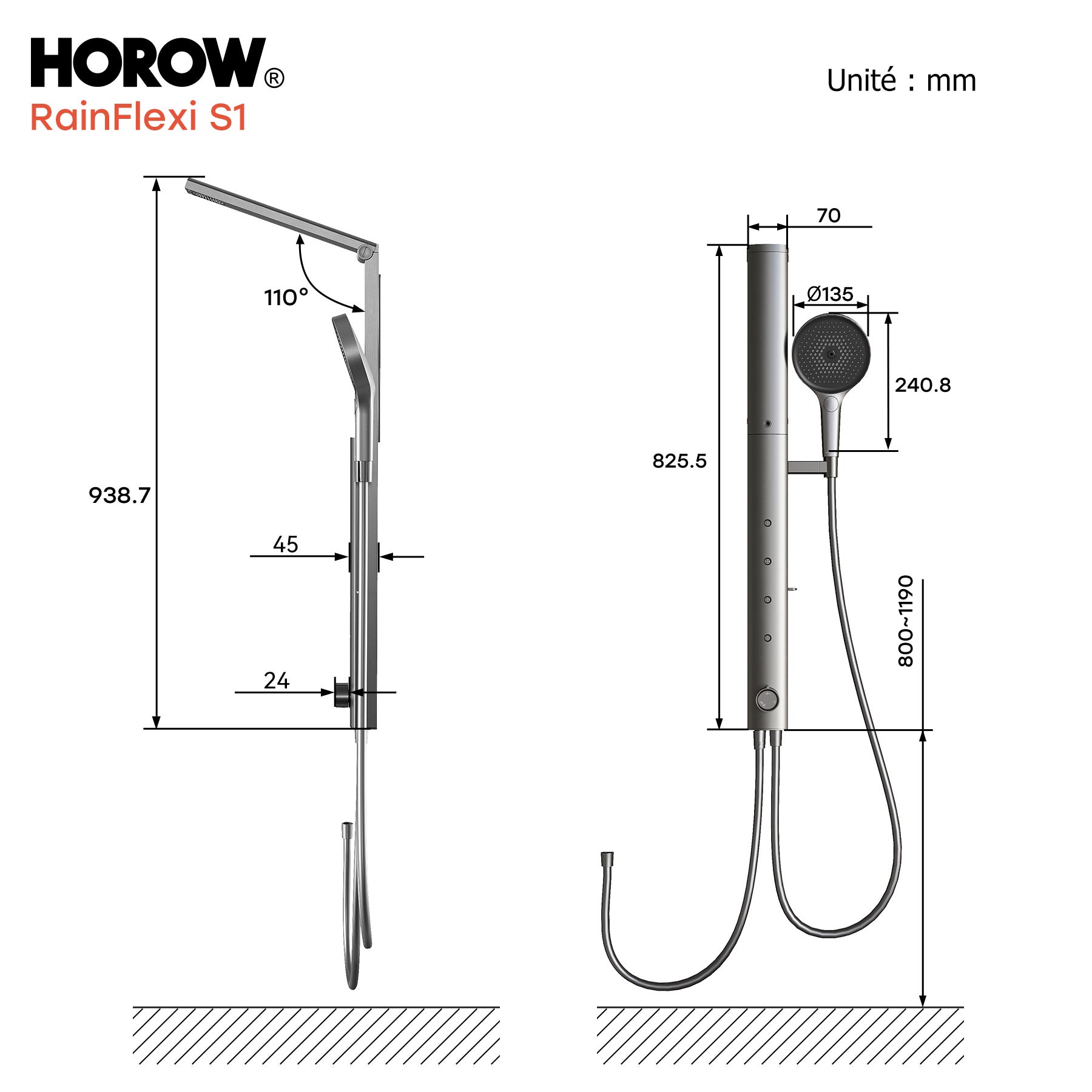 HOROW Ensemble de douche à effet pluie gris, 4 modes de massage, pliable, réglable en hauteur, robinet non inclus, se puede utilizar con la bañera - 8