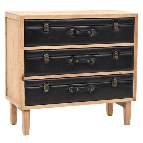 Commode 3 tiroirs pin massif clair et simili cuir Stylie | Leroy Merlin