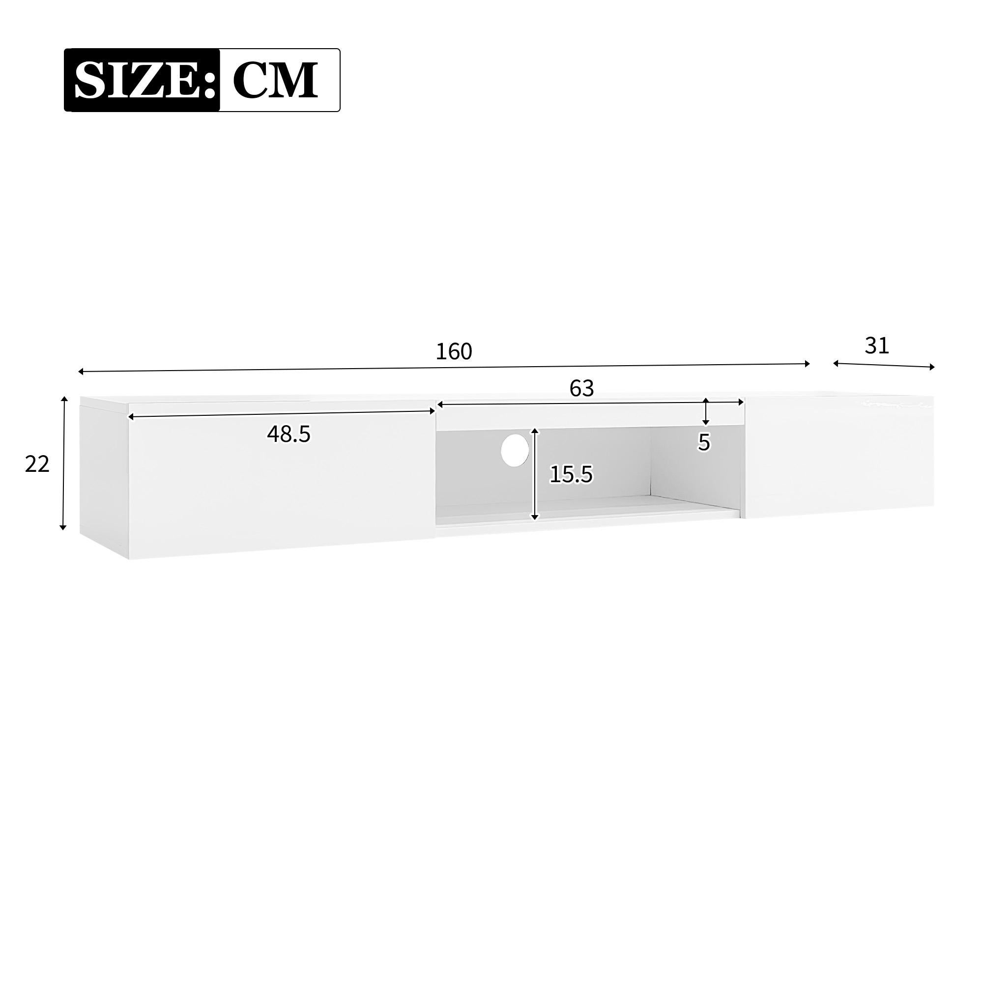 Meuble TV suspendu 160cm - 1 compartiment ouvert & 2 portes abattantes - aspect brillant - Blanc - 5