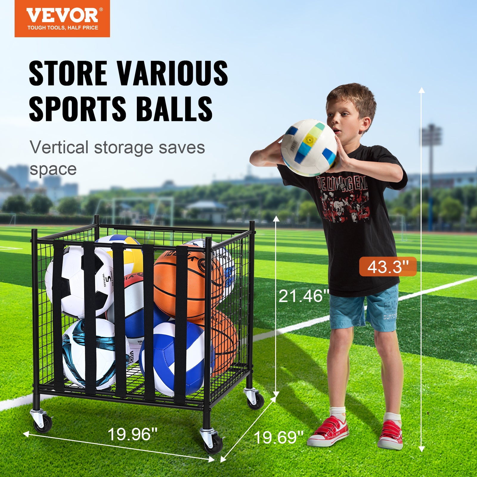 VEVOR Chariot à Ballons Verrouillable 115x61x91,2 Cm - Cage Rangement Ballons Avec 4 Roulettes Acier Pour Gym École Garage