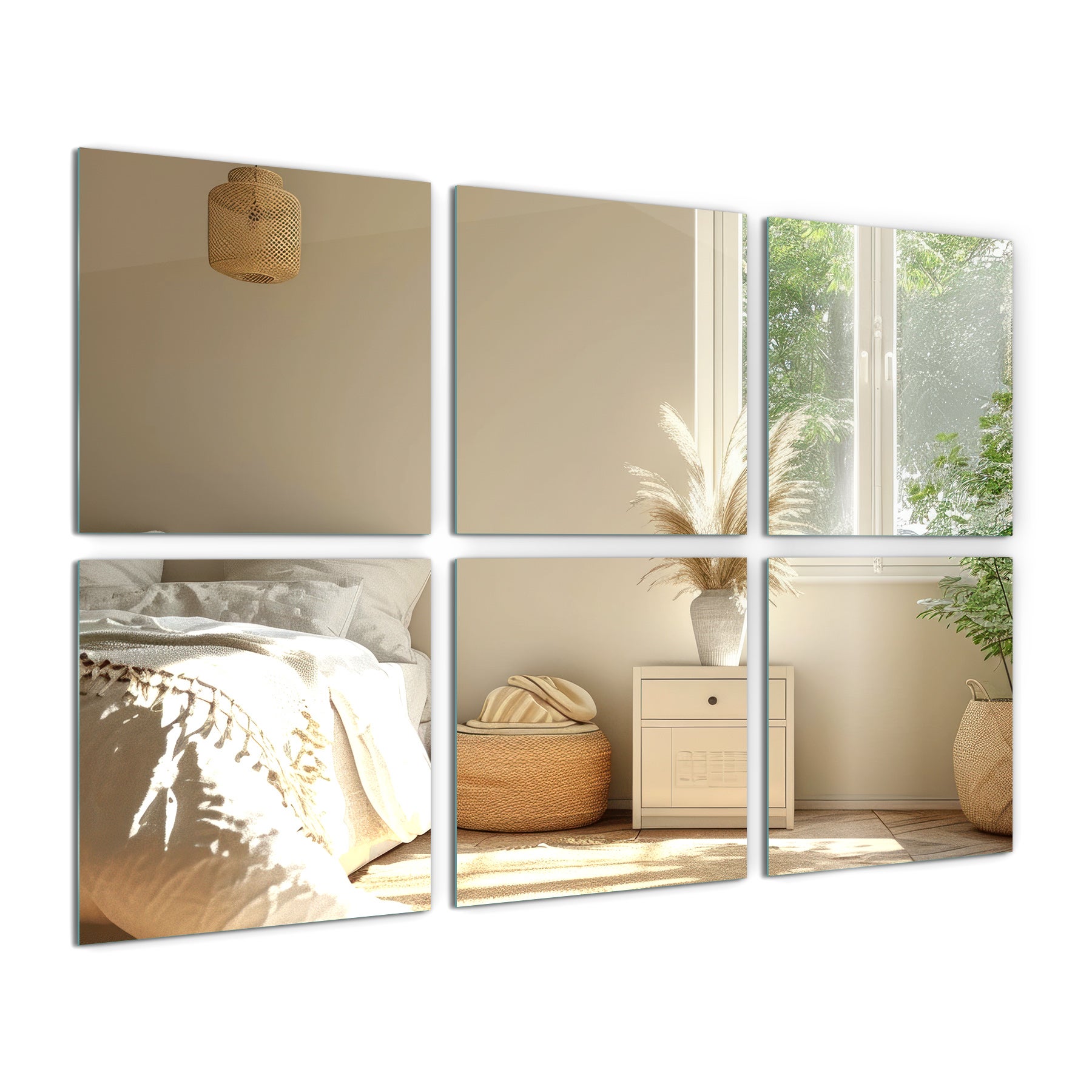 Lusterka dekoracyjne 20x20 cm – zestaw 6 szt, glamour, łatwe do naklejenia, modne lustra do salonu TULUP