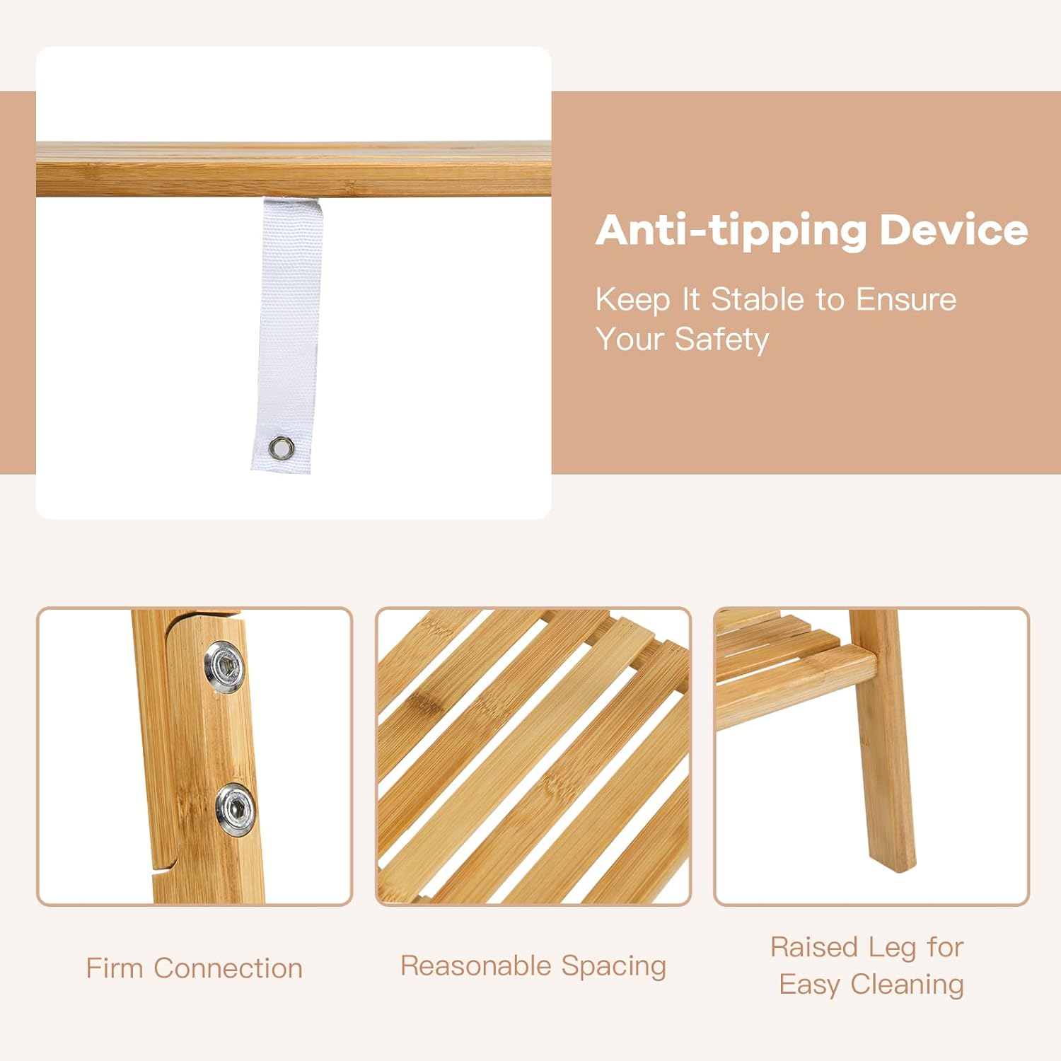 Penderie en Bambou,Porte-vêtements sur Pieds avec 2 Étagères,Tringle de Suspension,Dispositif Anti-basculement - 5
