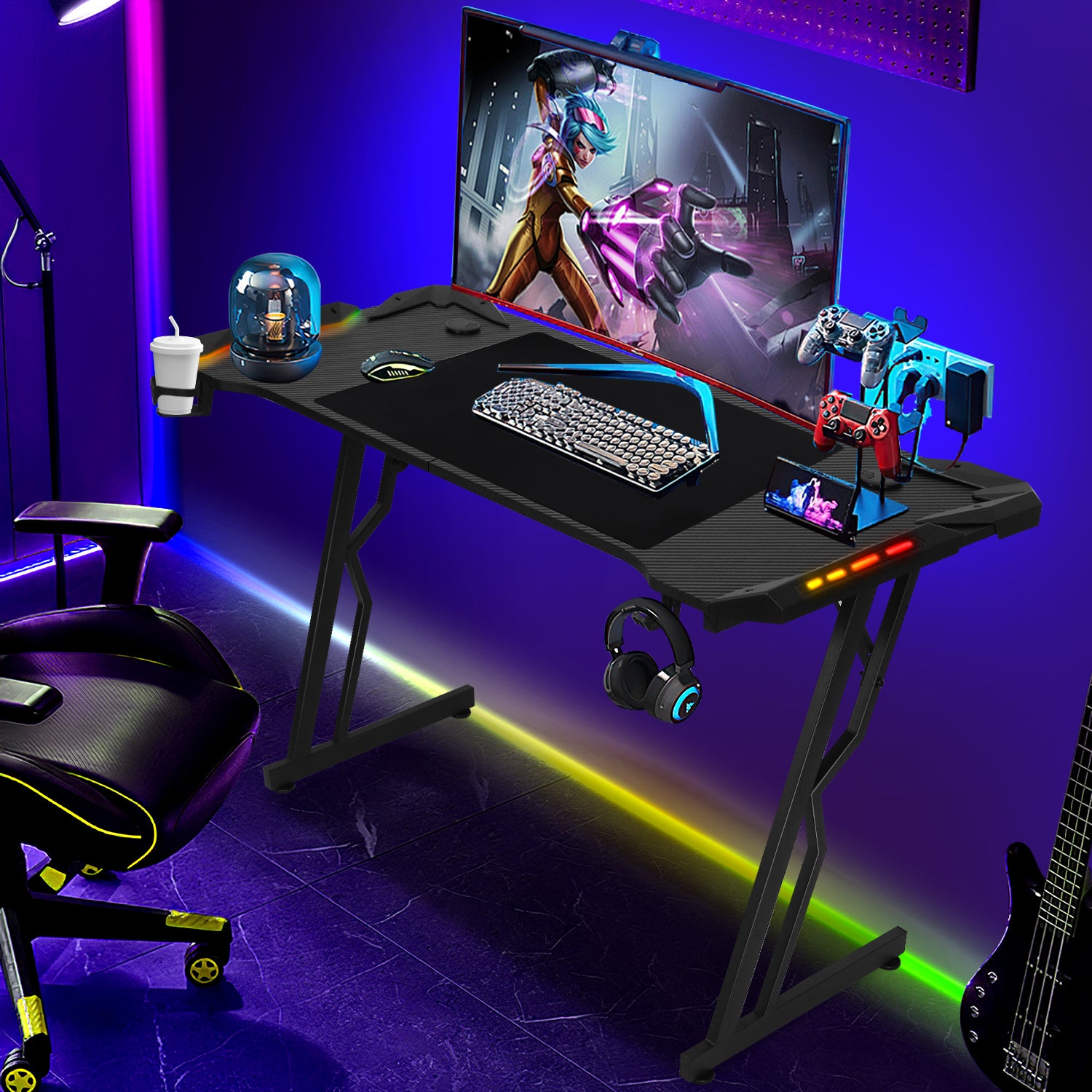 Bureau Gamer MY SIT Avec LED RGB, Tapis De Souris, Porte-gobelet - Plateau 140x66cm, Réglable En Hauteur, Noir