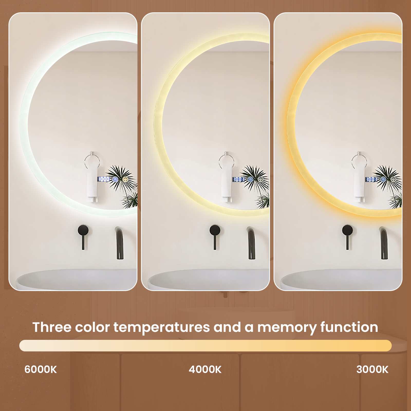 Espejo baño LED inteligente redondo antivaho táctil 3 colores regulable memoria seguridad vidrio impermeable diseño moderno lujo - 5