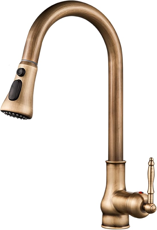 Antyczny, mosiężny, jednootworowy kran kuchenny w kolorze starego brązu (natrysk dwufunkcyjny) z wyciąganą wylewką