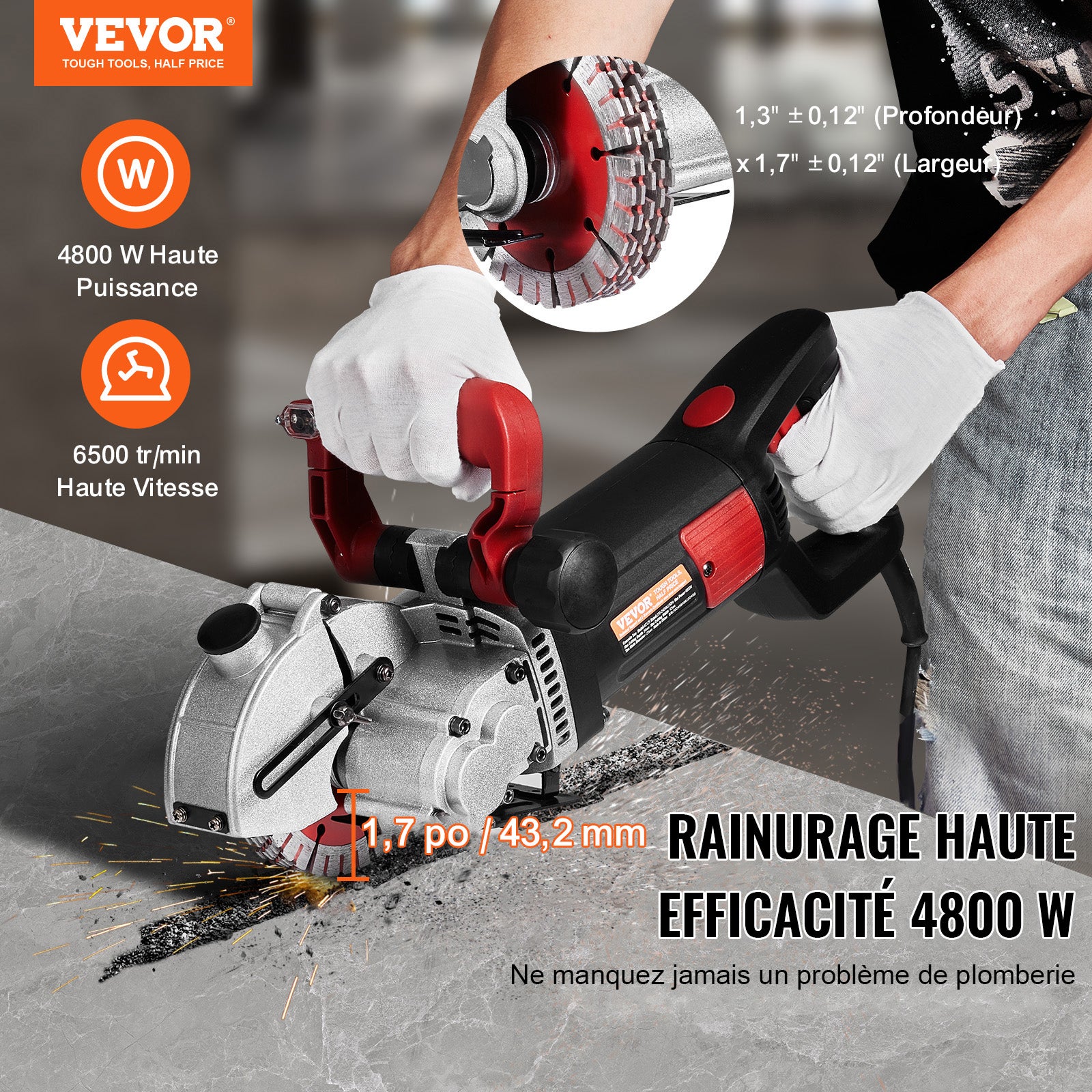 Rainureuse Murale Électrique VEVOR 4800W 220V, Découpeuse de Cannelures Béton Profondeur 34 mm avec 5 Lames, Machine de Découpe de Murs et Sols - 2