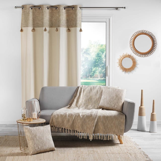 Rideau bohème parement doré ou argenté - Naturel - 140x240 cm - Coton