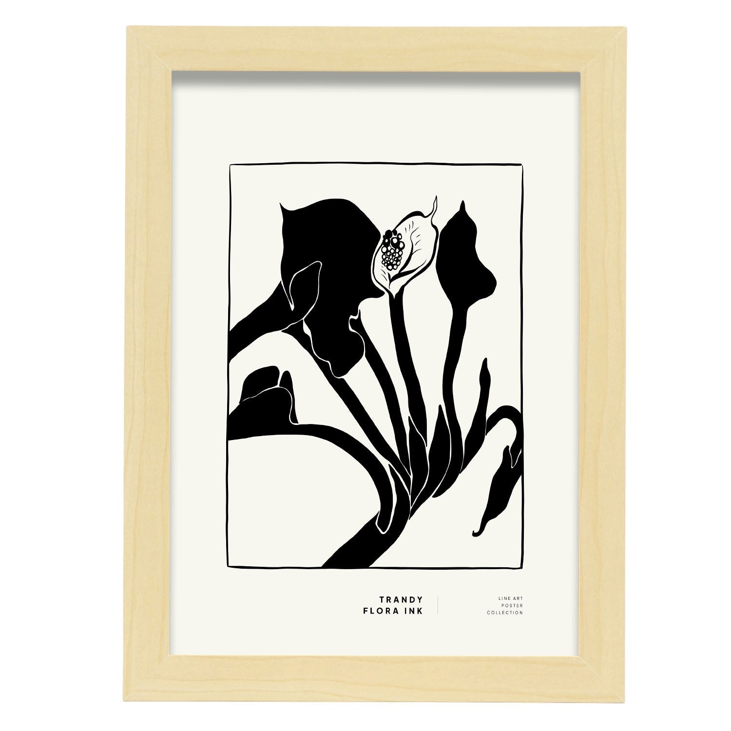 Póster pop art abstracto. aarum lily ilustraciones artísticas modernas para la decoración de interiores. marco negro a3