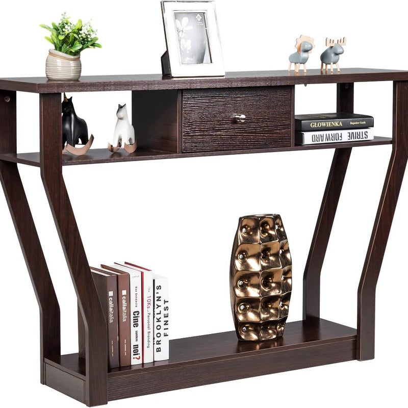 Stolik Konsolowy z MDF z Szufladą i 3 Półkami, Konsola ze Stabilną i Trwałą Podstawą, 120 x 30 x 81 cm, Maksymalne Obciążenie 50 kg (Brązowy)