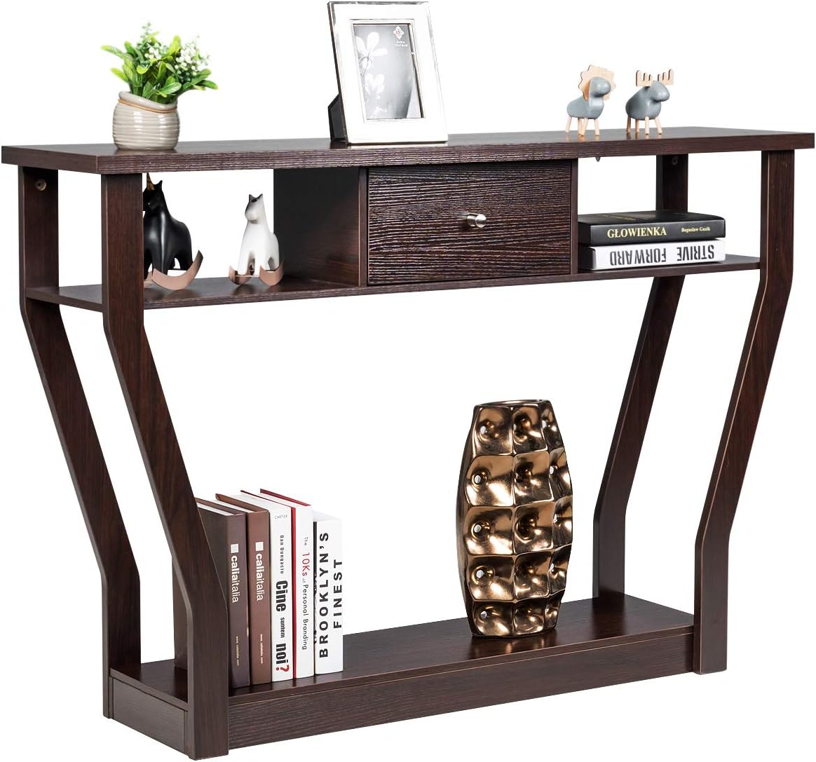 Stolik Konsolowy z MDF z Szufladą i 3 Półkami, Konsola ze Stabilną i Trwałą Podstawą, 120 x 30 x 81 cm, Maksymalne Obciążenie 50 kg (Brązowy)