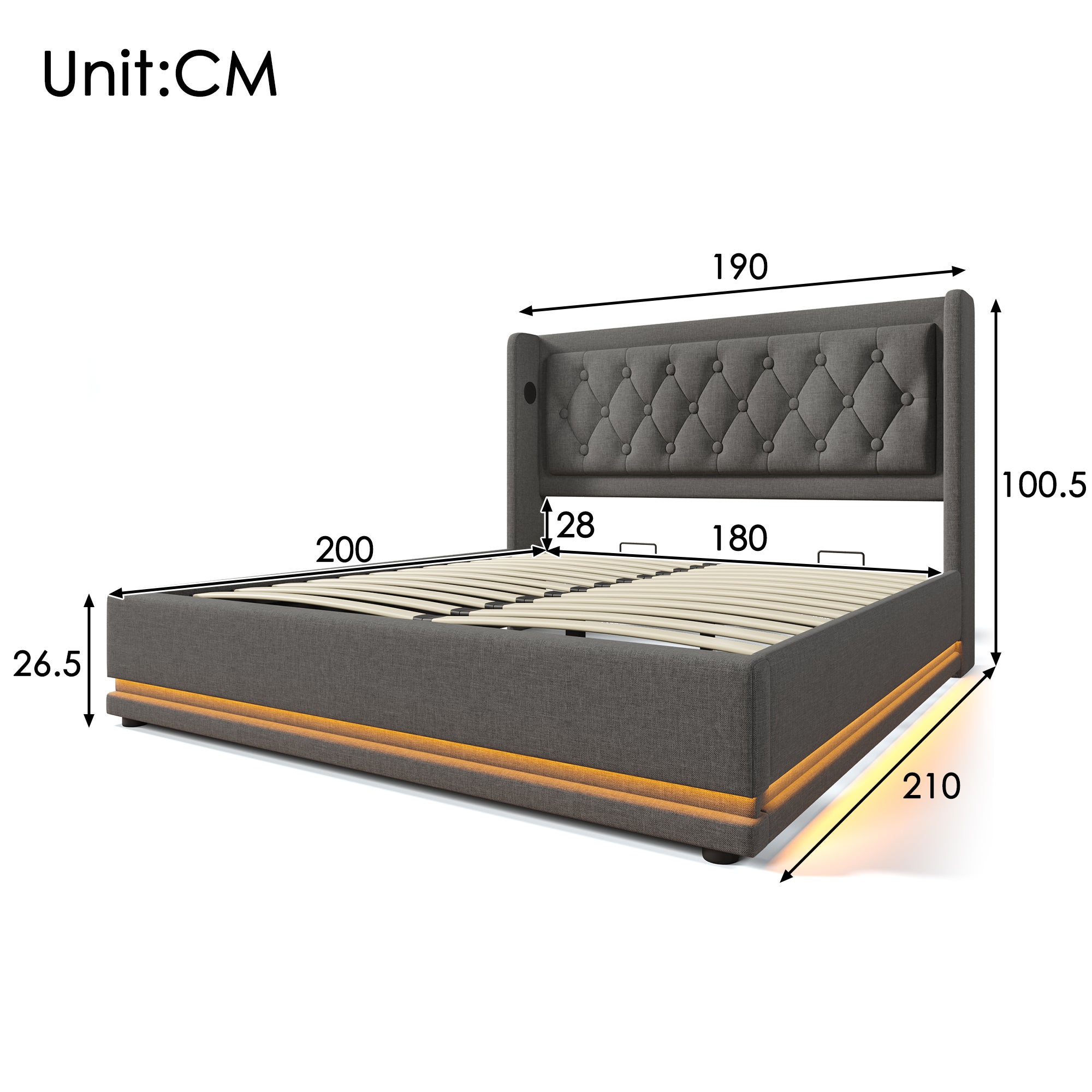 Letto imbottito 180 x 200 cm con rete a doghe e contenitore, con
