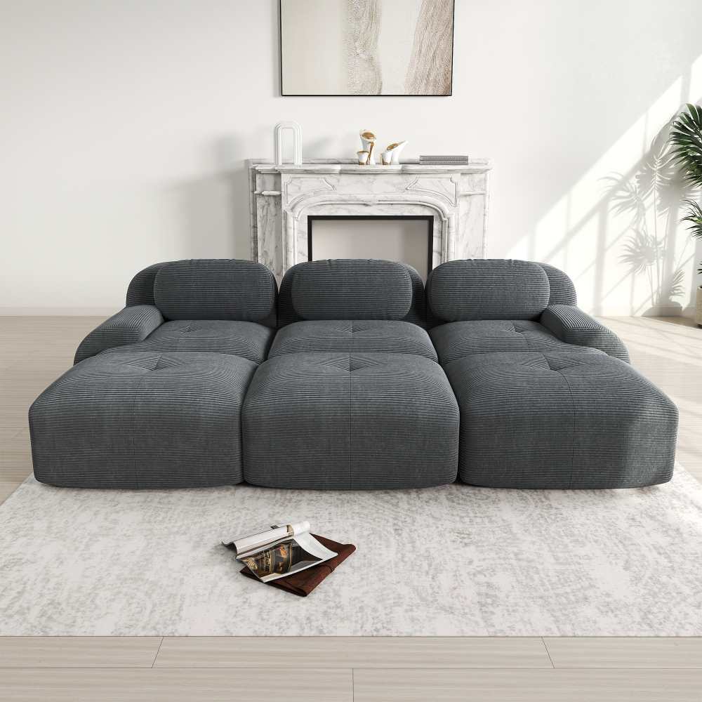 Modułowa sofa 3-osobowa w tkaninie kordowej z 3 pufami, bardzo szerokimi podłokietnikami, wypełnieniem 32D, nie wymaga montażu, przyjazna dla zwierząt