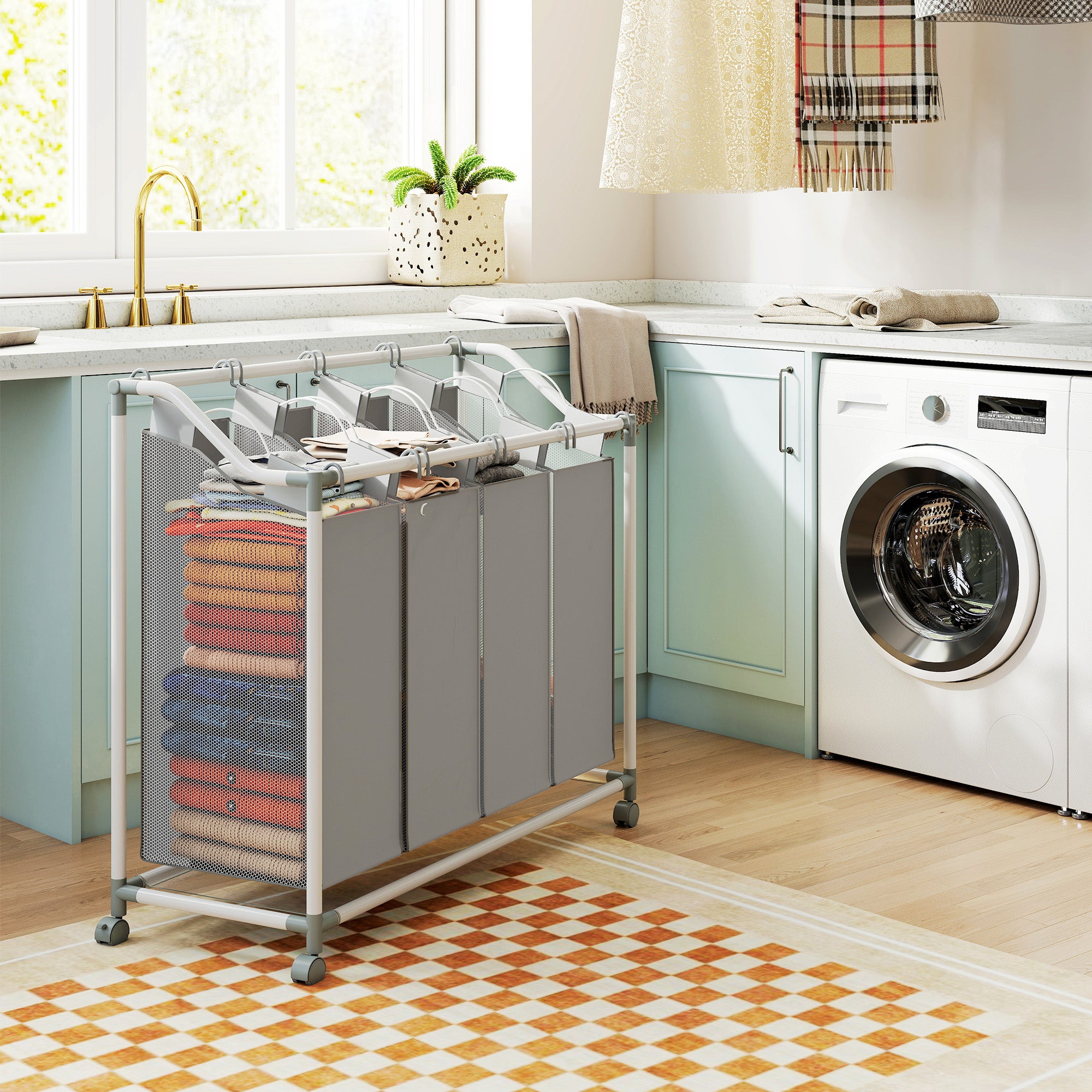 Panier à linge avec 4 tasses,160 L,panier à linge avec paniers,sac à linge,97x38x81cm,gris - 9