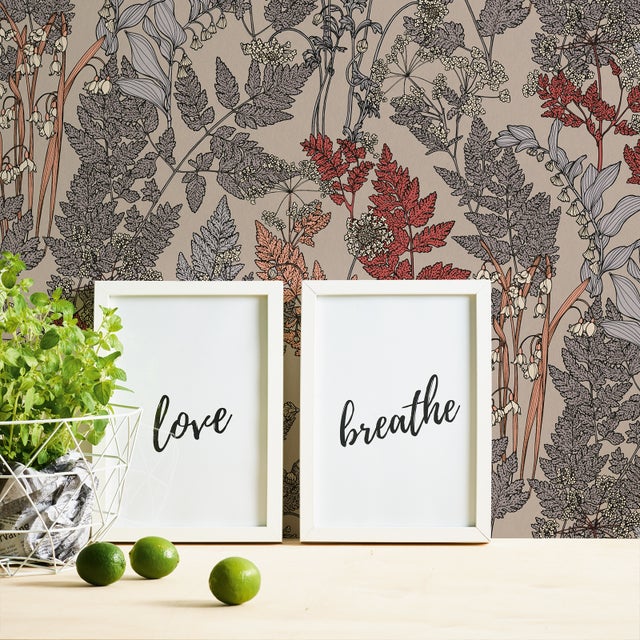 Papier peint fleuri & feuille pour salon Tapisserie fleurie pour chambre adulte Papier peint motif floral gris, beige et rouge