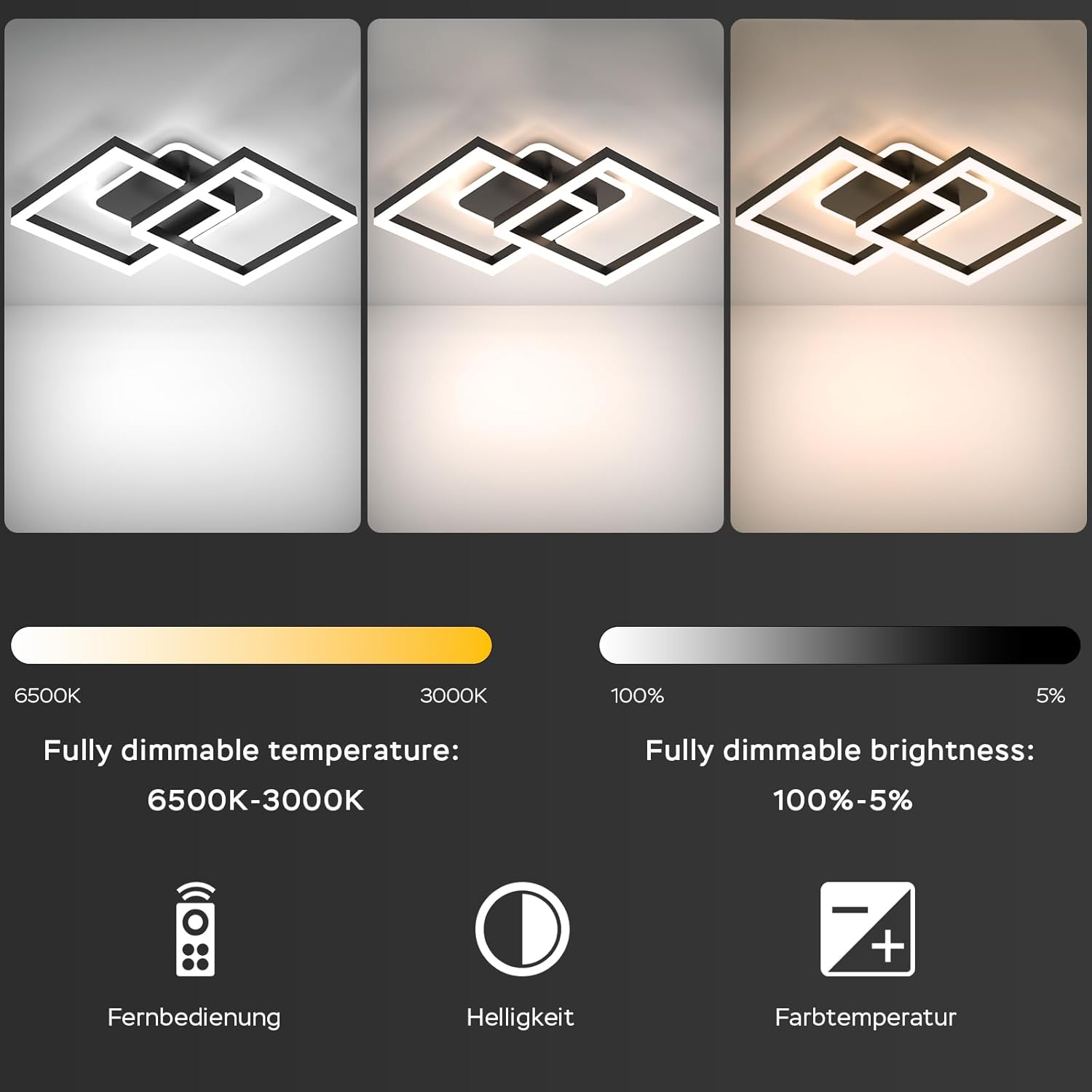 40W Plafonnier LED Lampe de Salon Noir Dimmable avec Télécommande Lampe de Chambre Moderne pour Cuisine Couloir Bureau Salle à Manger - 3