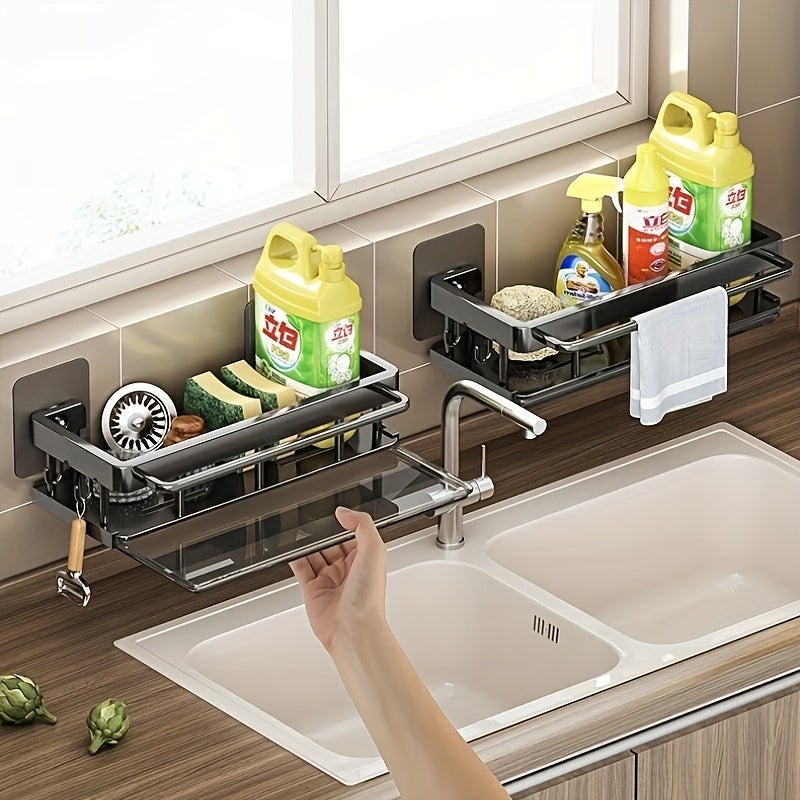 Organizer Per Lavello Da Cucina Con Vassoio Di Scarico - Porta Spugne E Detersivi In Metall0, Con Porta Asciugamani E Ganci - Installazione Senza Fori (Nero) - 4