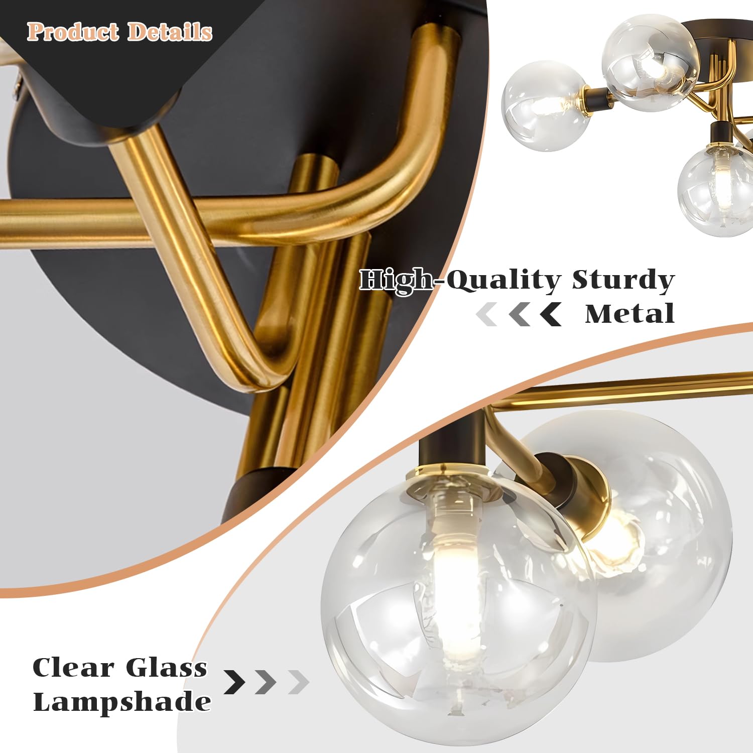 Plafonnier rétro médiéval, abat-jour en verre à lumière moléculaire de luxe avec sphère, lumière blanche, noir et or avec abat-jour transparent, G9 - 3