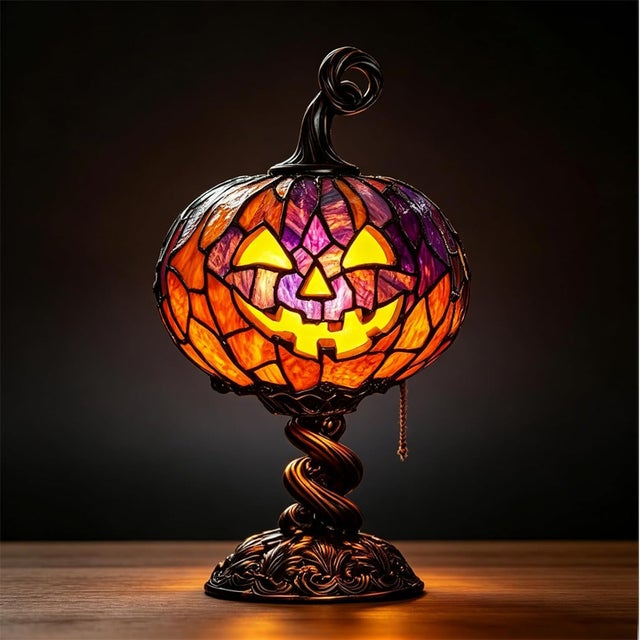 KAKET Lampe de table citrouille d'Halloween en vitrail, veilleuse Jack-O-Lantern, style vintage, alimentée par USB, ornement décoratif de bureau