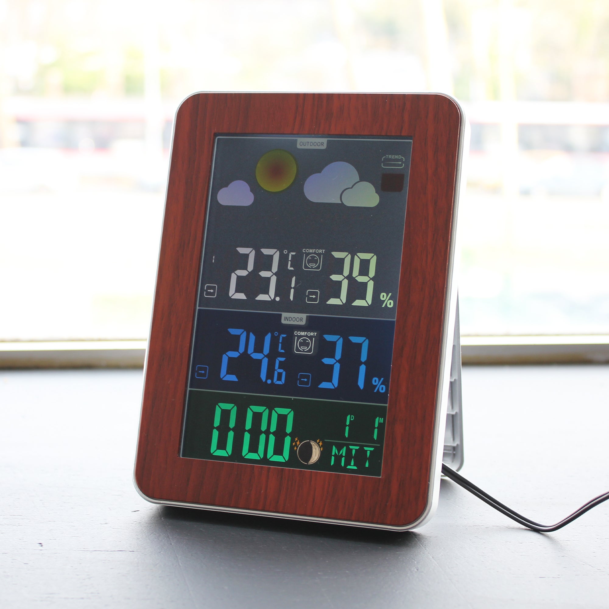 Stazione Meteo Color & Wood FISHTEC Radio Controllata Schermo XL Colori Legno Argento Sensore Esterno Fasi Lunari Doppia Sveglia 7 Lingue - 5