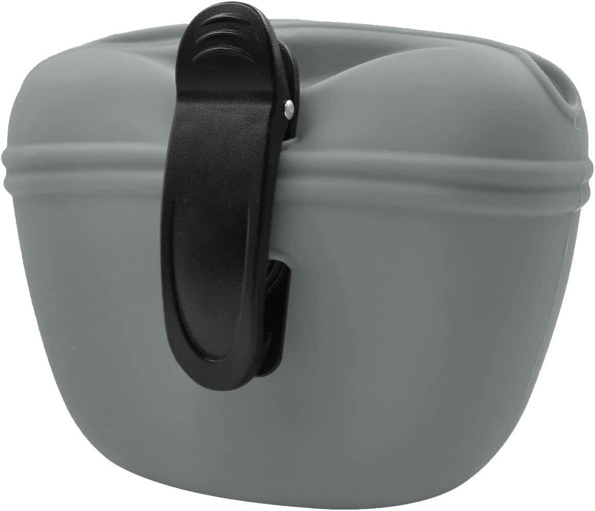 Szara torebka na przysmaki dla psa, 10,5*5,3*13 cm, przenośna torebka na przysmaki z magnetycznym zamknięciem i klipsem do paska.