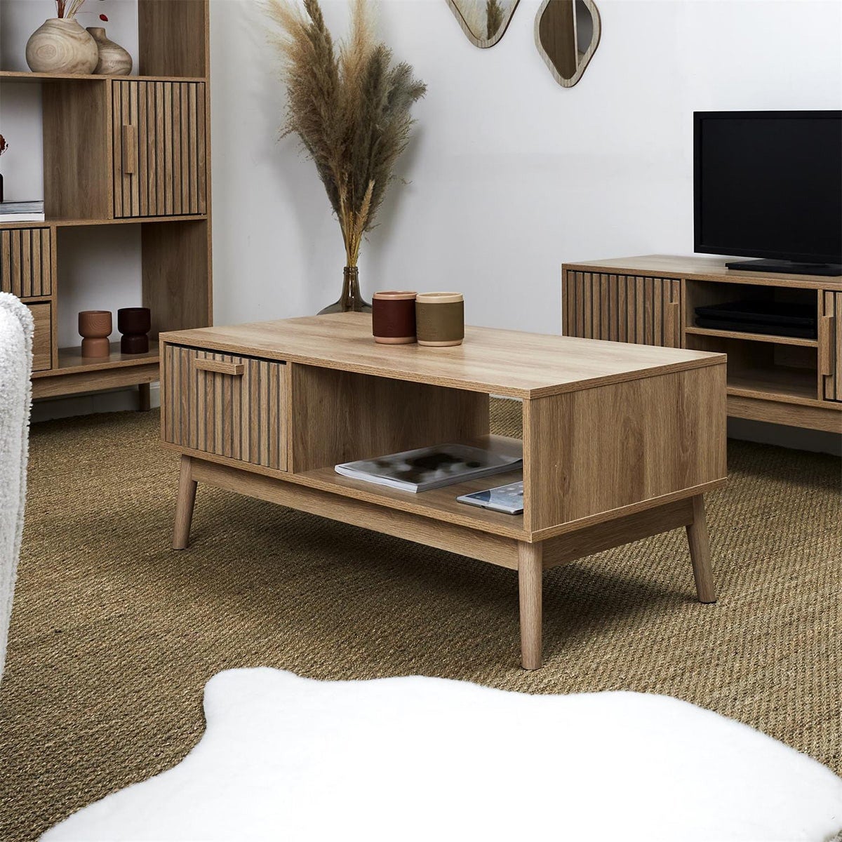 PAJAN - Table Basse 1 Tiroir Effet Bois avec Tasseaux - 2