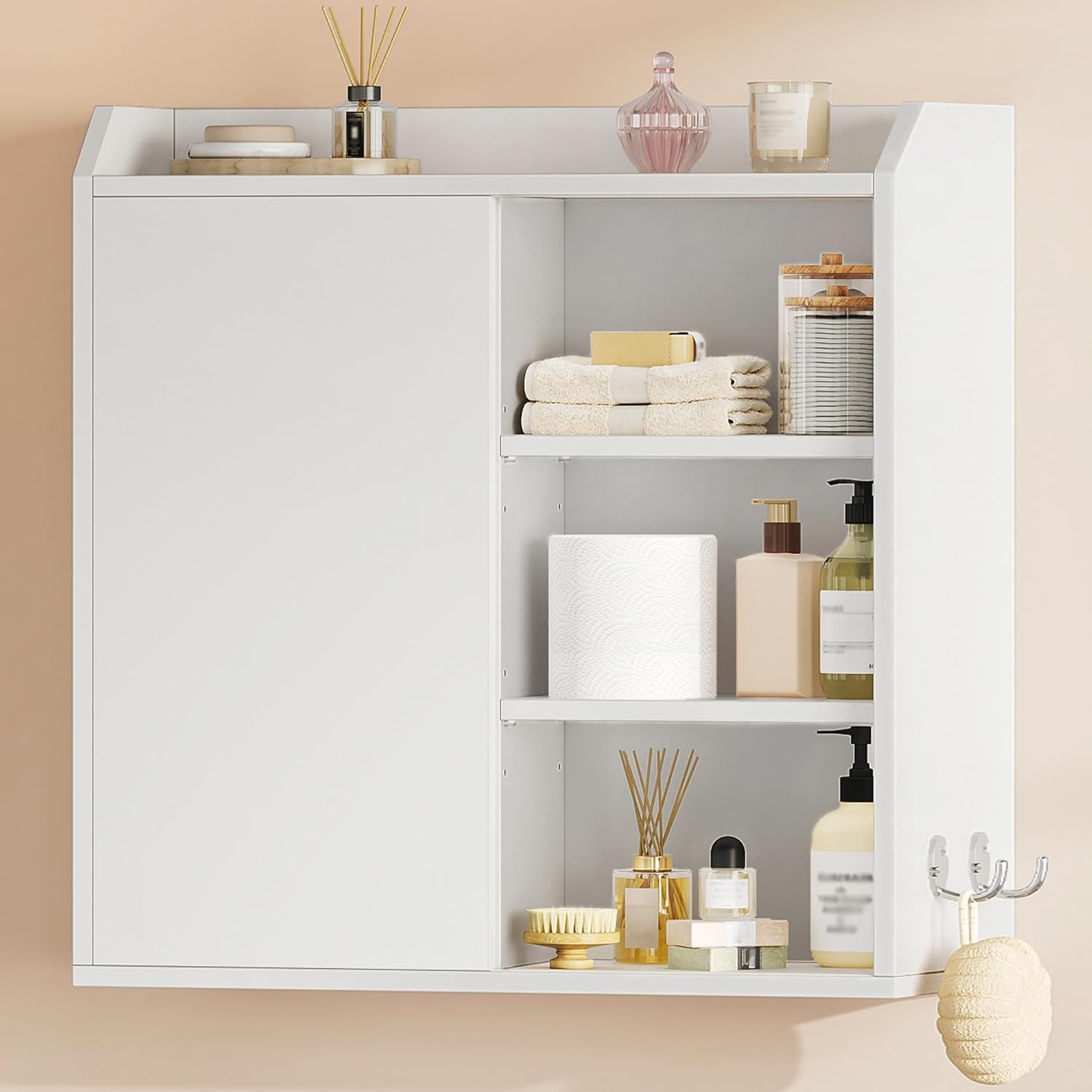 Armario de baño de pared con estantes ajustables, puertas correderas y compartimentos abiertos, 30 x 60 x 60 cm