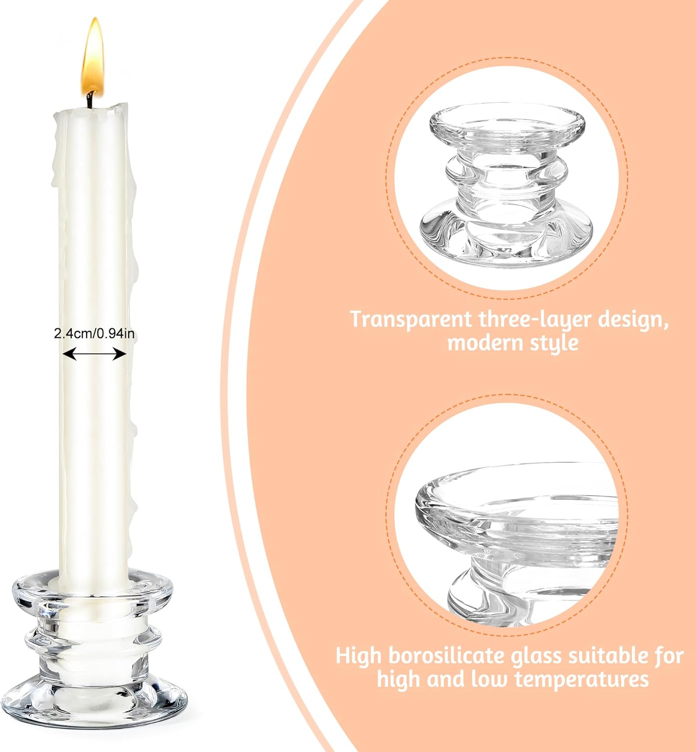 Set 6 Portacandele In Vetro Trasparente – Altezza 6 Pollici, Diametro Foro 2,4 Cm, Per Candele Coniche, Decorazione Tavolo Matrimonio Natale
