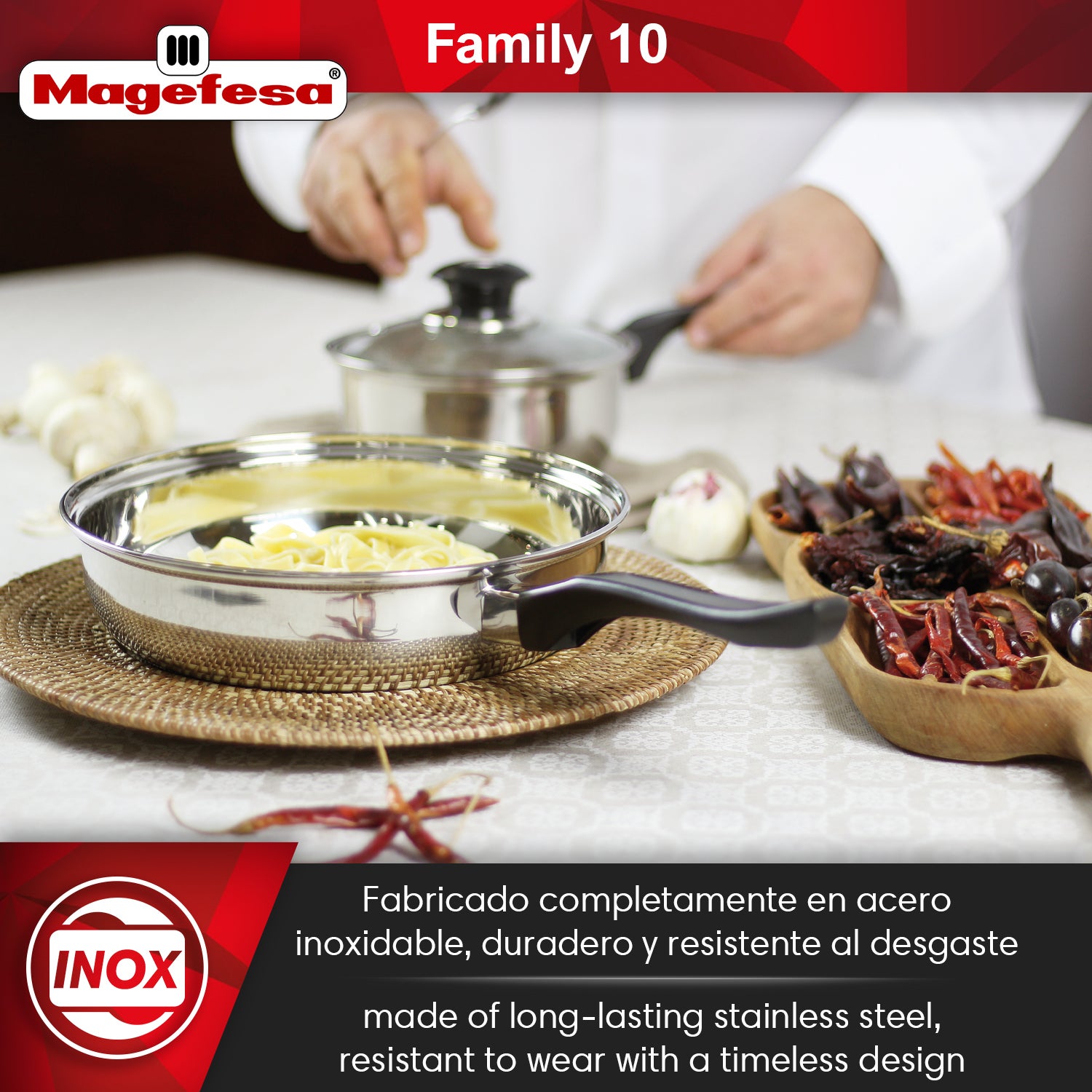 Magefesa Family - Batería de Cocina, 10 piezas, Acero Inoxidable, Fácil Limpieza y Apta Lavavajillas, Asas Bakelita toque soft-cold - 2