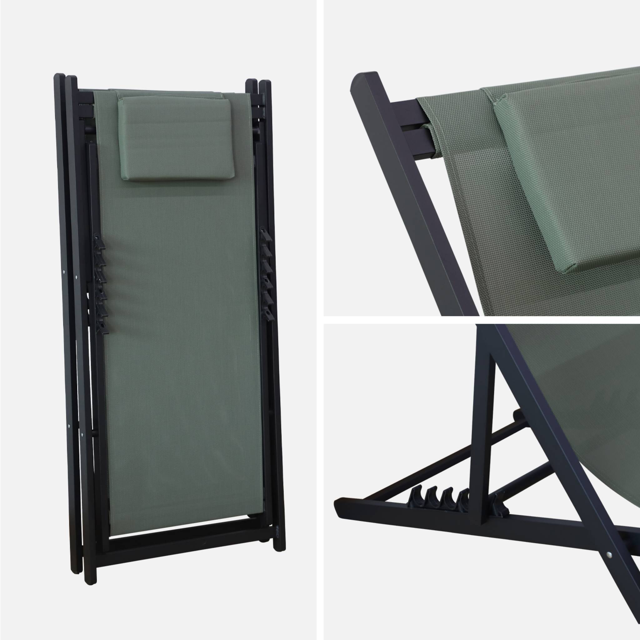 Lot de 2 bains de soleil kaki - Transat en aluminium avec coussin repose tête. chilienne GAIA - 5