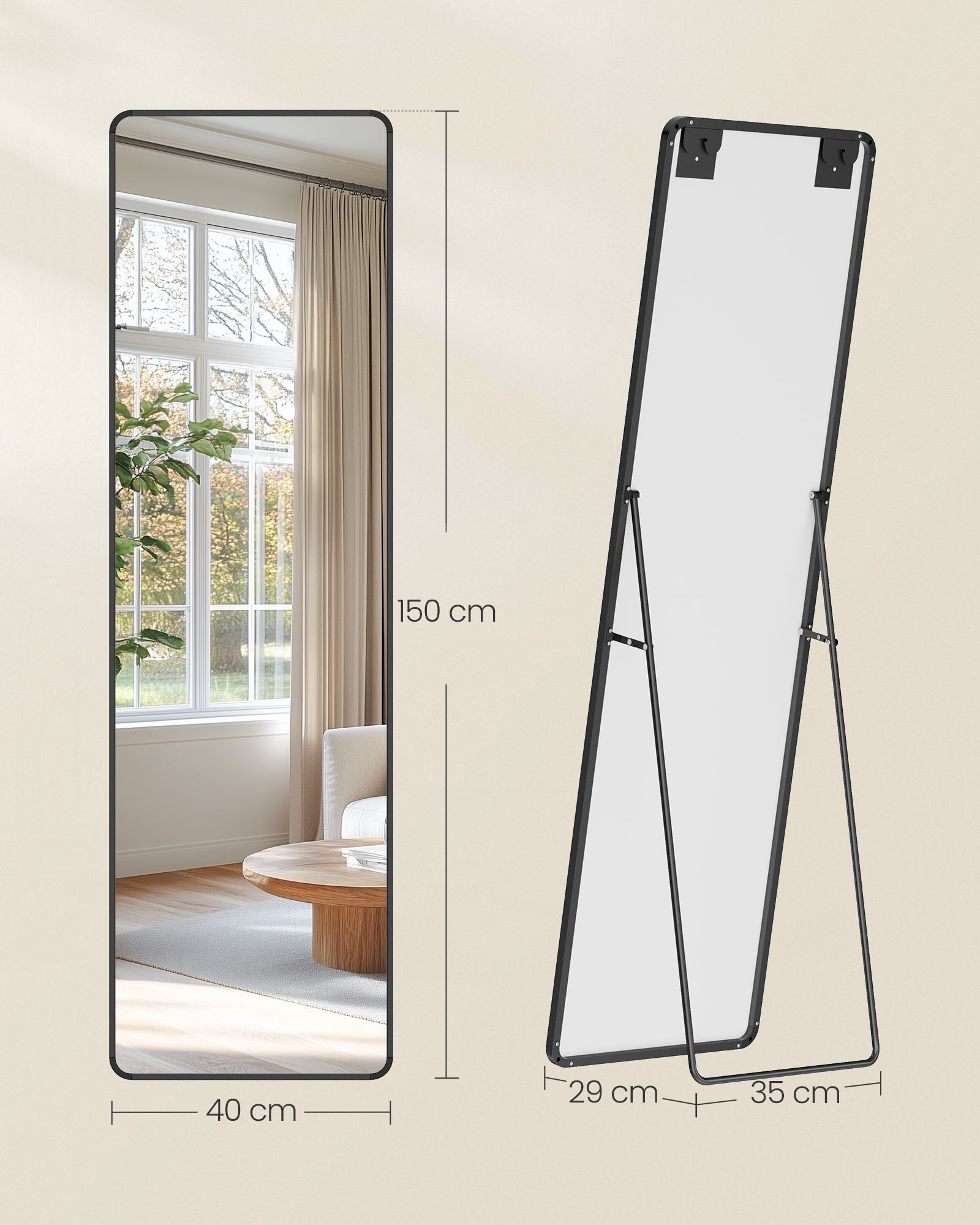 Specchio a Figura Intera 150 x 40 cm, da Terra Rettangolare con Supporto, Cornice in Alluminio, Vetro Temperato, Nero - 6