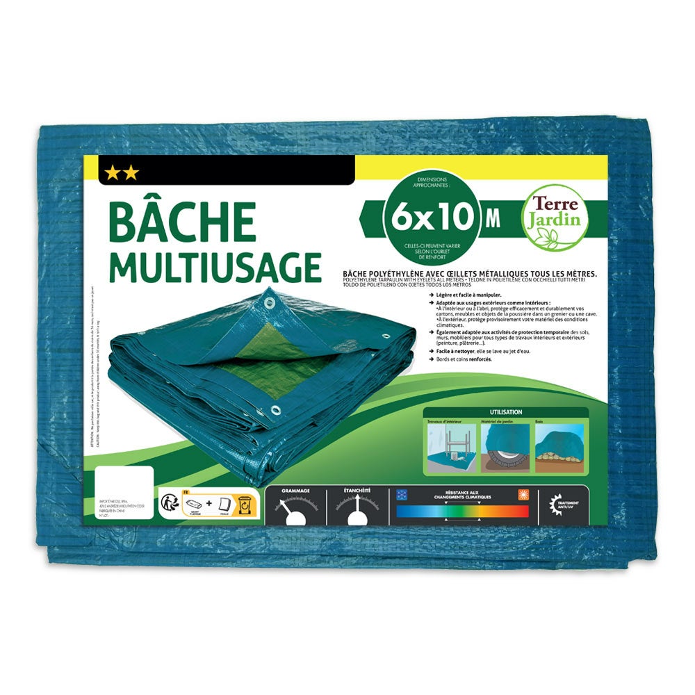 Bâche De Protection Légère 5x8m Impermeable PEVA - Œillets Aluminium Pour Extérieur