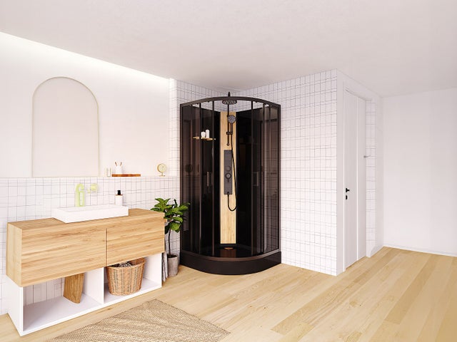 Cabine de douche hydromassante en quart de cercle avec panneau en bambou - Noir - L90 x l90 x H225 cm - TILOMA
