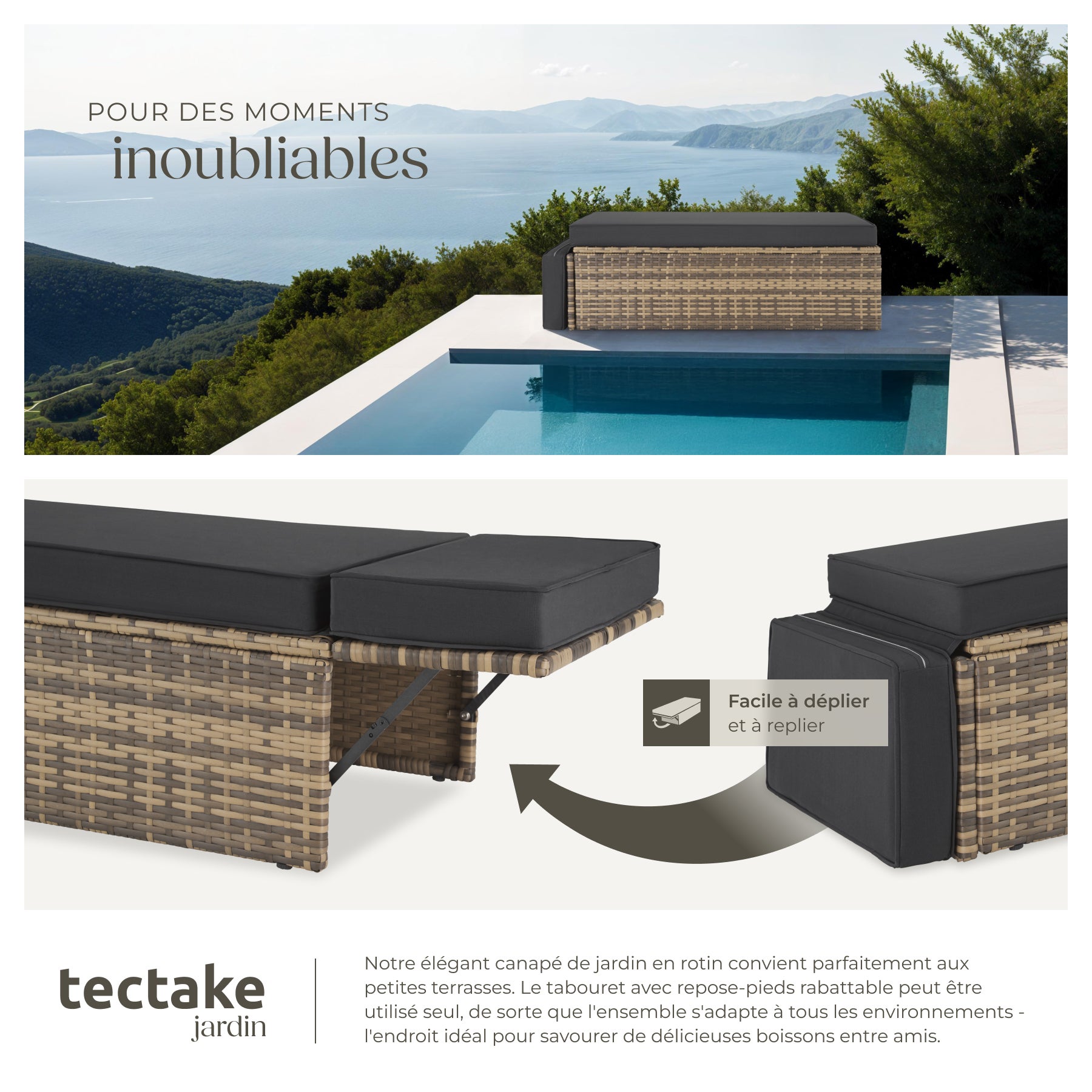 Canapé de jardin en résine tressée, modulable, robuste, résistant UV, coussins déhoussables, nature TECTAKE - 4