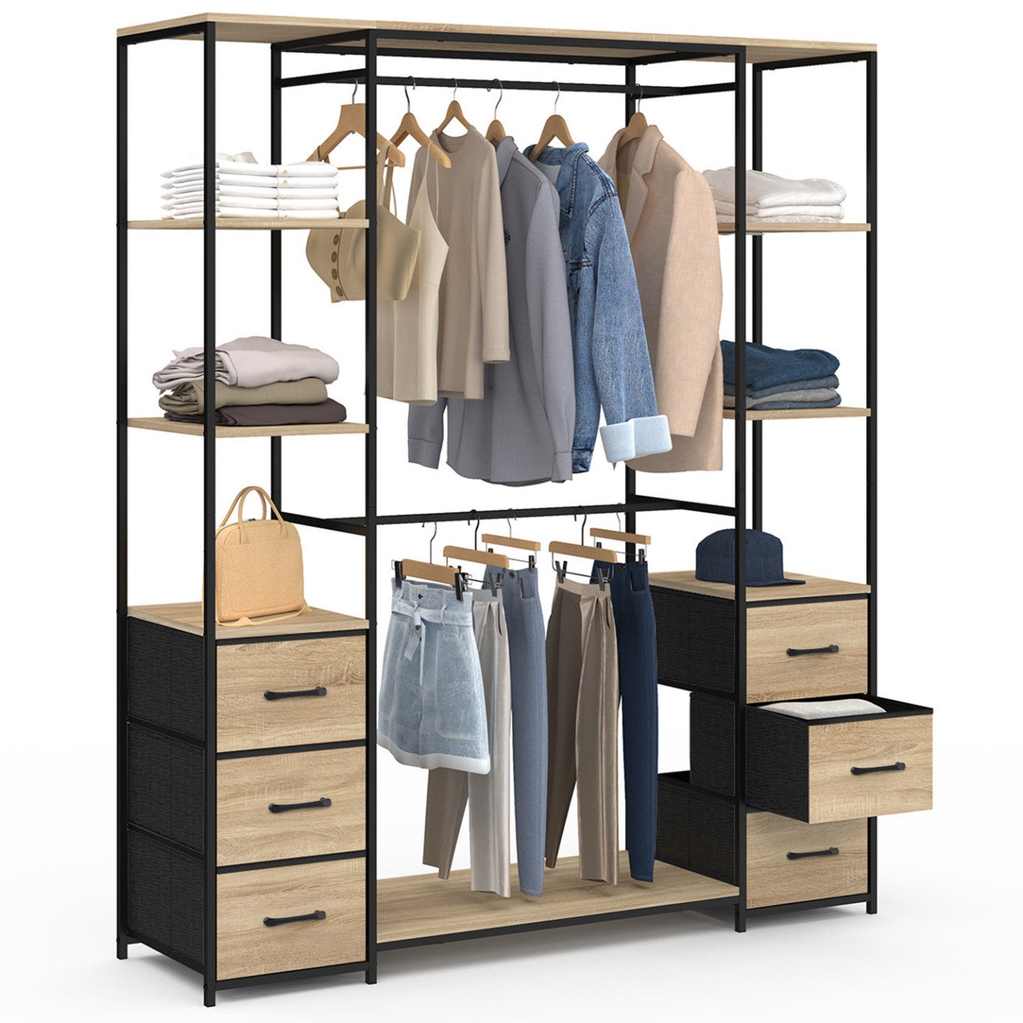 Dressing double penderie + double colonne L. 140 cm UTAH avec 6 étagères et 6 bacs en tissu bois et noir - 2