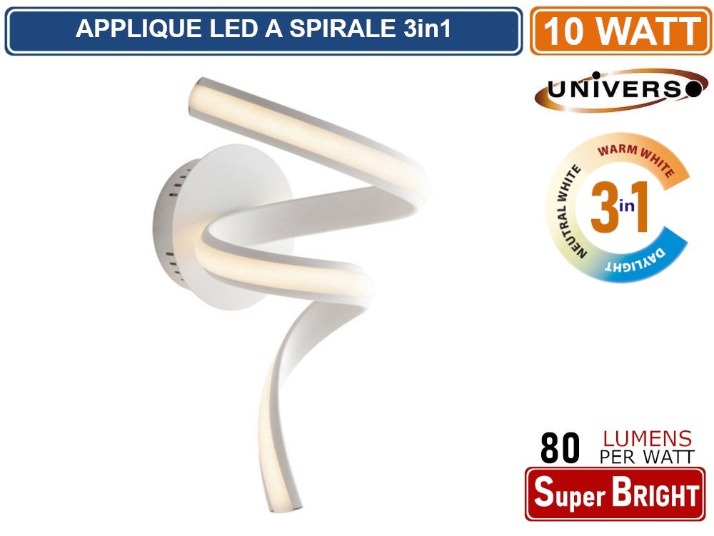 Applique murale LED spirale, fixation murale, ampoule LED 10 W, 3 couleurs de lumière CCT, idéale pour la chambre, la table de chevet ou le salon. - 10