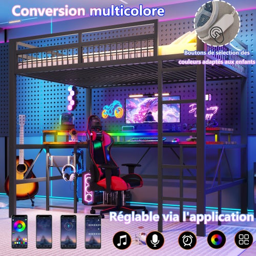 Lit Mezzanine 2 Place avec LED et USBTypeC, Lit Superposé Enfant 140x200 avec bureau et paroi perforée, Structure en fer Noir(Sans Matelas) - 5