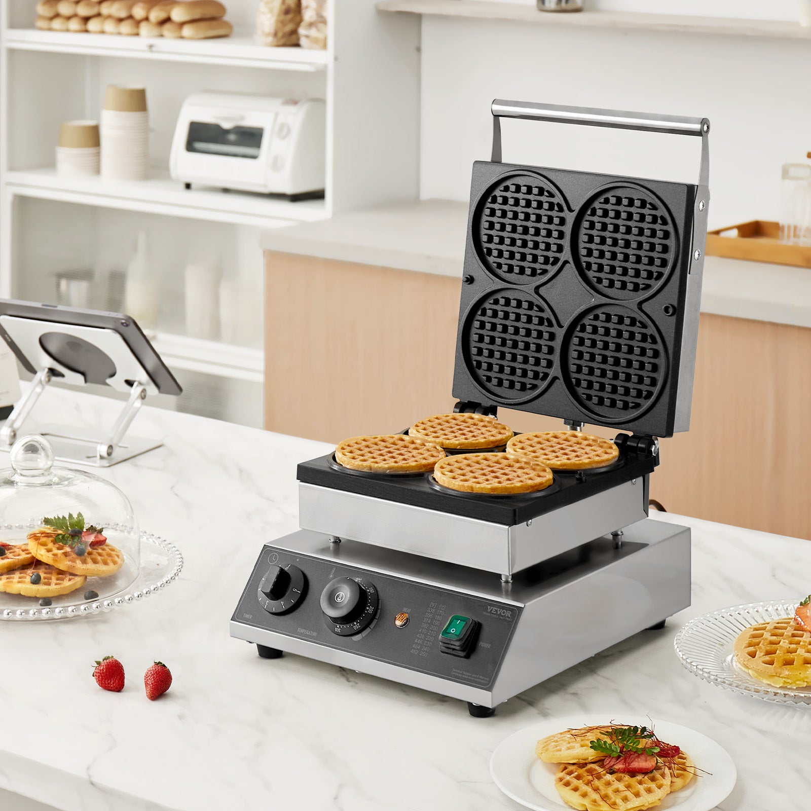 Waffle Maker Commerciale 1750 W,VEVOR Waffle Maker Rotondo Capacità 4 Pezzi,Acciaio Inossidabile con Controllo della Temperatura e del Tempo - 7