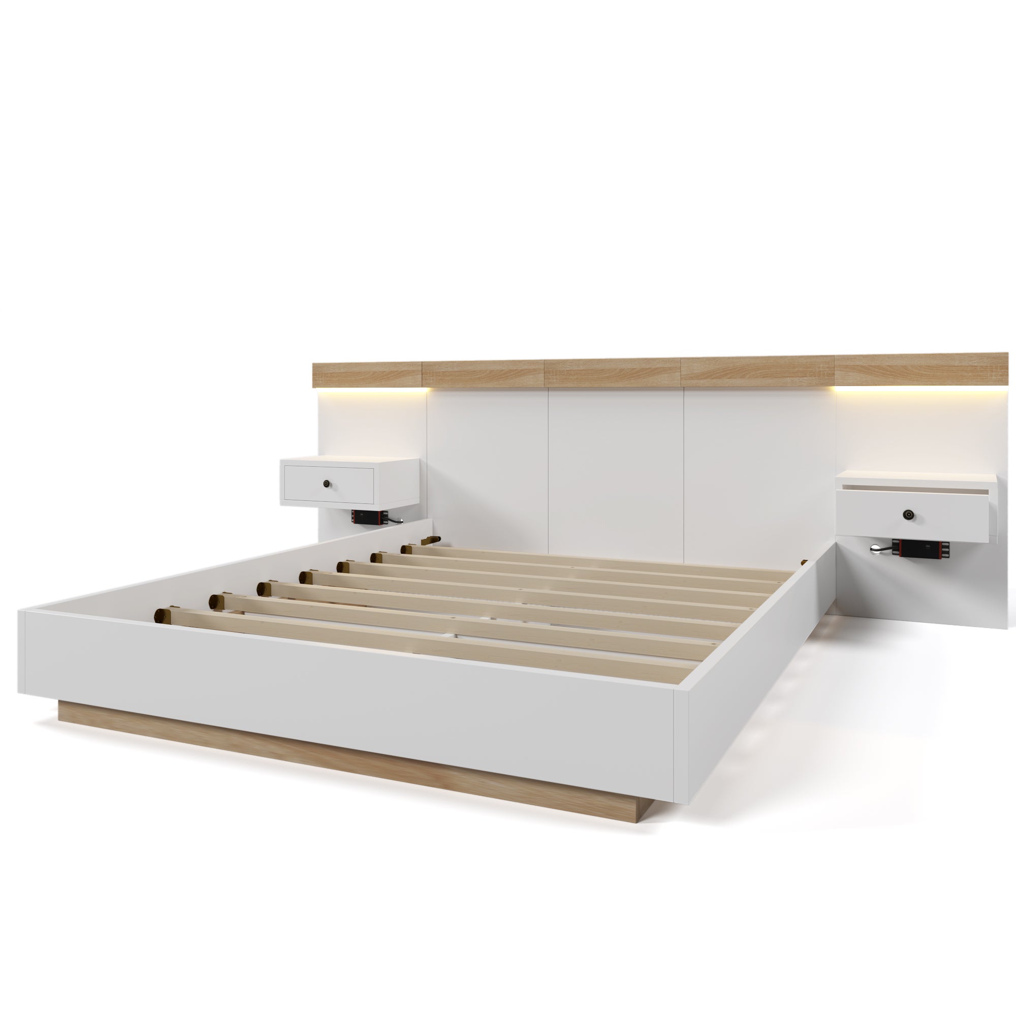 Łóżko dwuosobowe 140x200 cm z drewna z zawieszanymi szafkami nocnymi + LED i portami USB + stelaż na listwy - Białe - 4