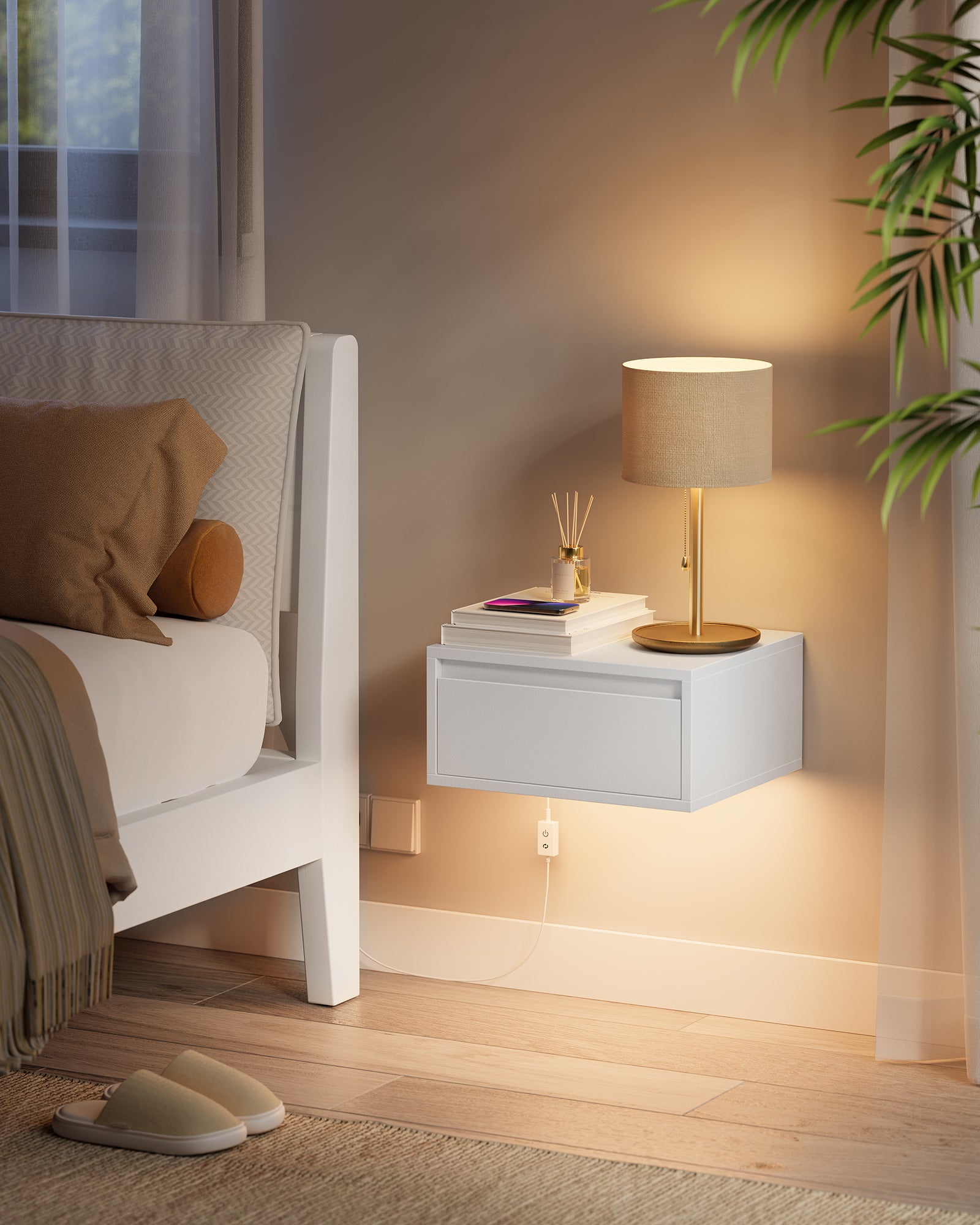 Tables de Chevet Suspendues, Lot de 2, Lumière 3 Couleurs, Étagère Murale Tiroir, 35 x 40 x 18 cm, Style Moderne, pour Chambre, Salon, Blanc Nuage - 2