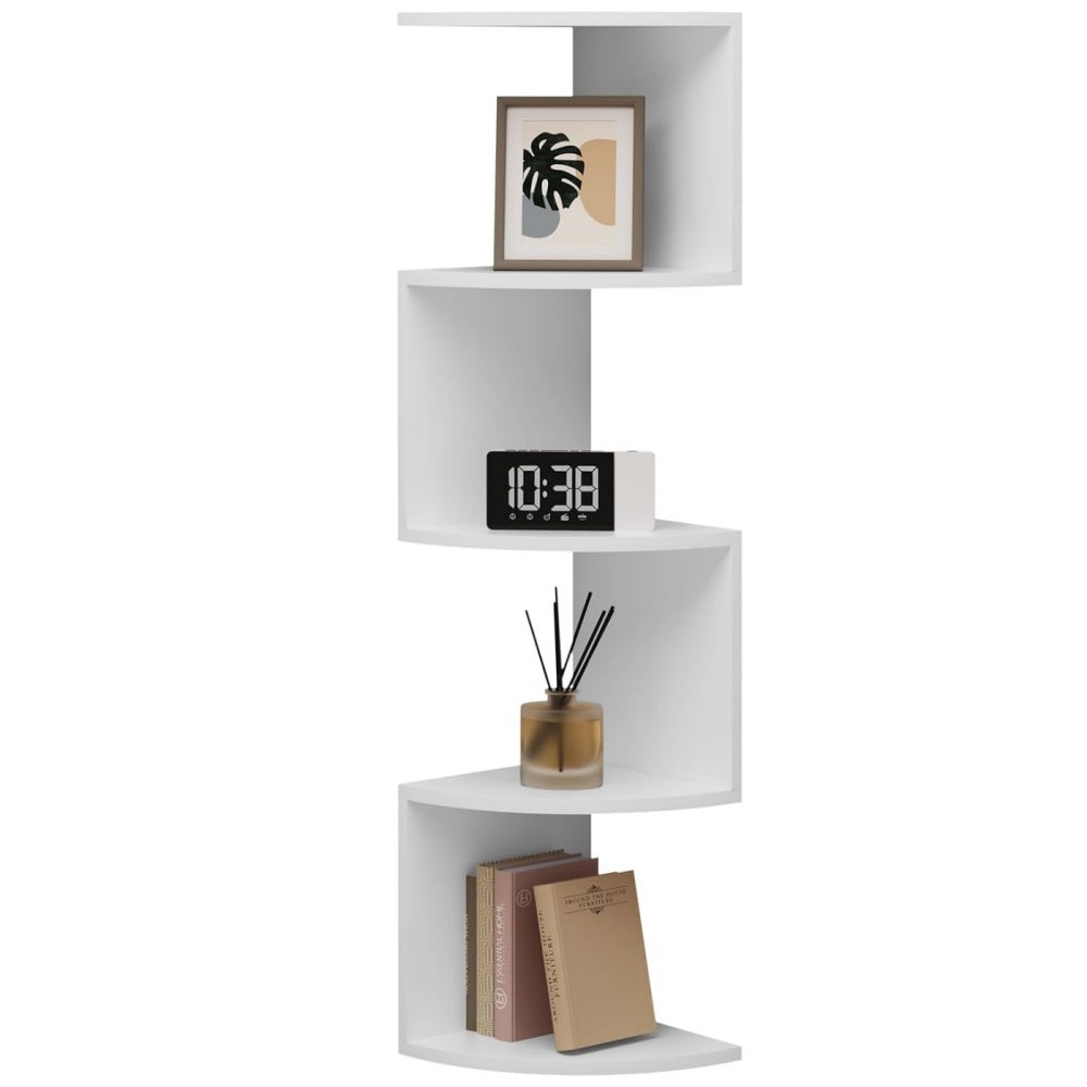 Étagère D'angle Murale 5 Niveaux - Design Flottant Blanc, Panneau PVC | Dimensions 20x20x85 Cm | Pour Salon, Chambre, Salle De Bain, Bureau
