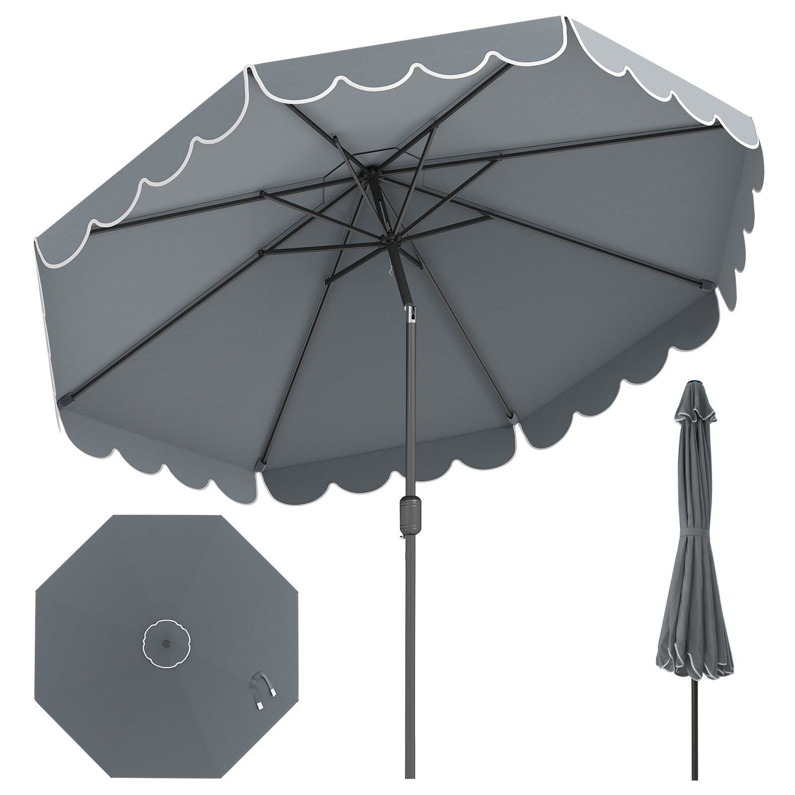 Parasol przeciwsłoneczny 300 cm, parasol ogrodowy z korbą i falbanką, obustronnie zginany o 35°, parasol tarasowy, do ogrodu, taras (kolor szary)