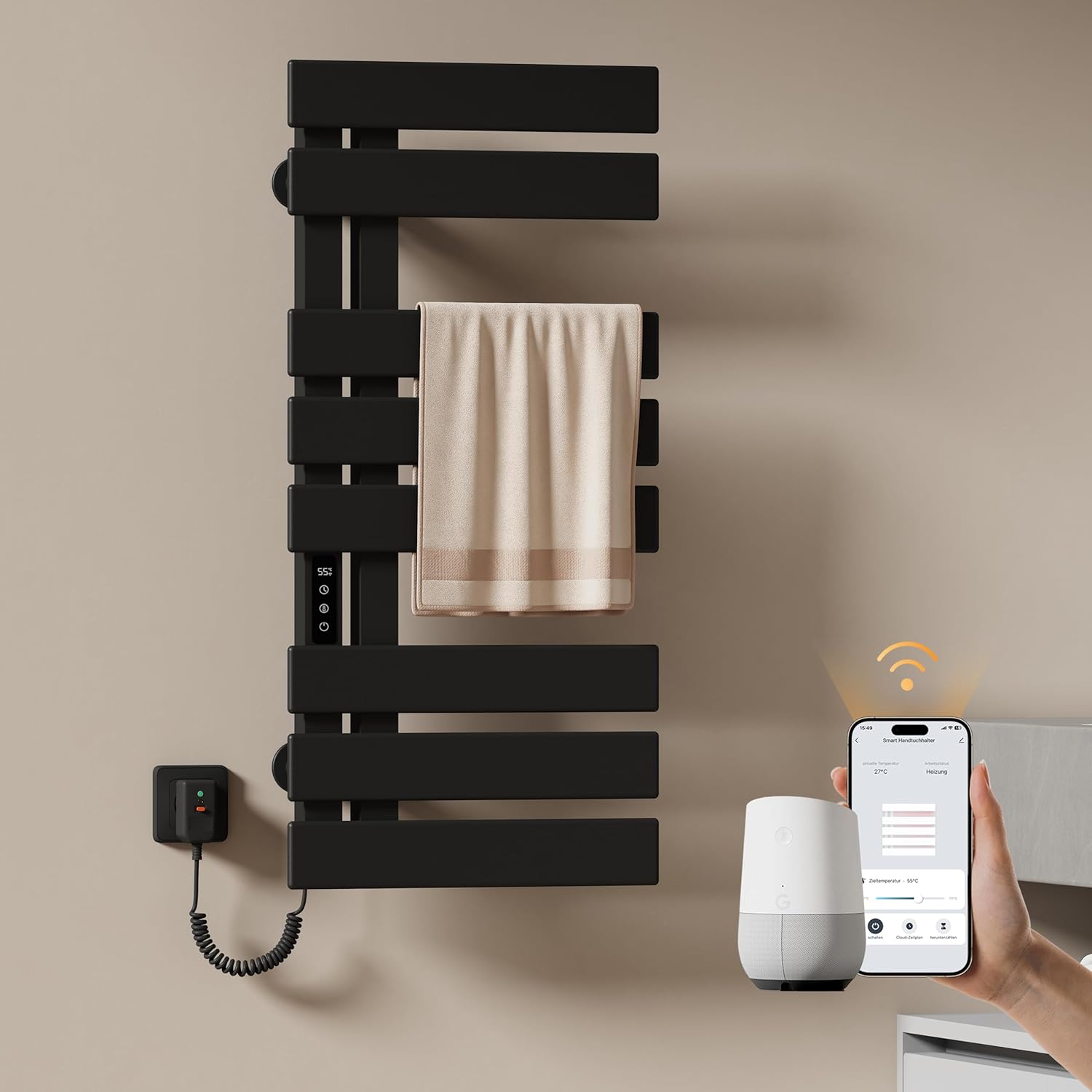 EMKE Grzejnik elektryczny łazienkowy 230W 85x40 cm czarny mat - WiFi+TUYA+Głos (Google/Alexa)