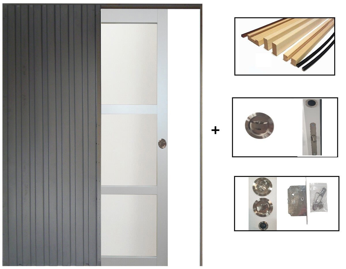 Puerta corredera greyria gris claro con vidrio h204 x l73 cm, empotrada, kit de acabado gd menuiseries sin manilla