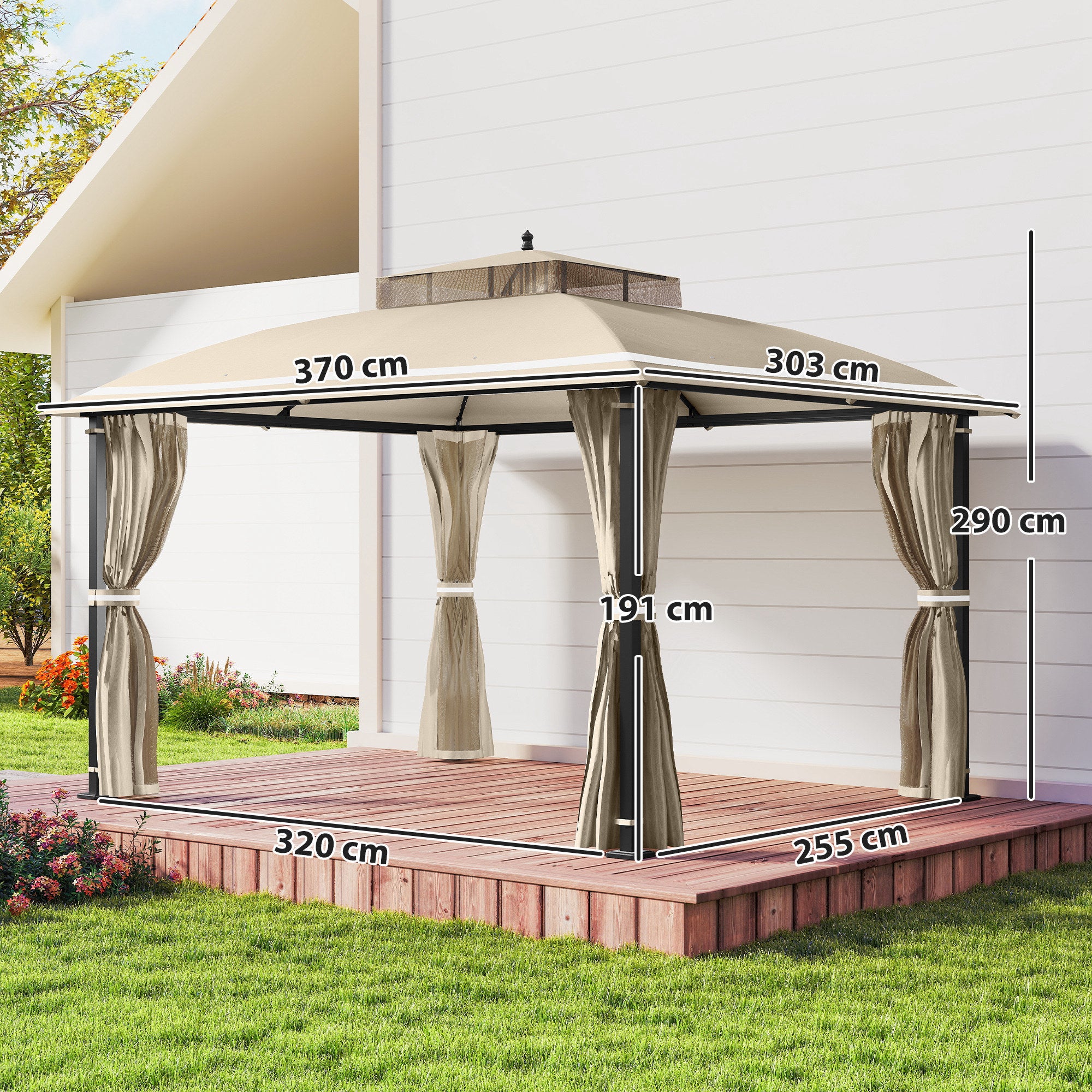 Cenador para Jardín Outsunny metal, tela de poliéster Beige 370x303x290 cm - 3