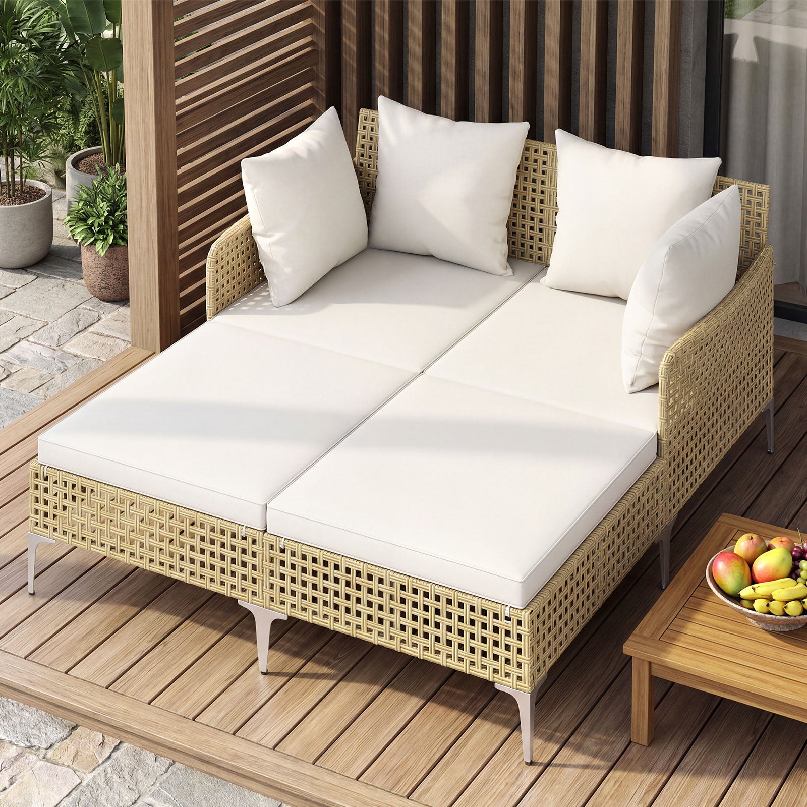 Cama de Dia Dupla em Rattan para Exterior, Espreguiçadeira de Vime para 2 Pessoas com Almofadas de Assento e Encosto, Banco de Sol com Suporte - 9