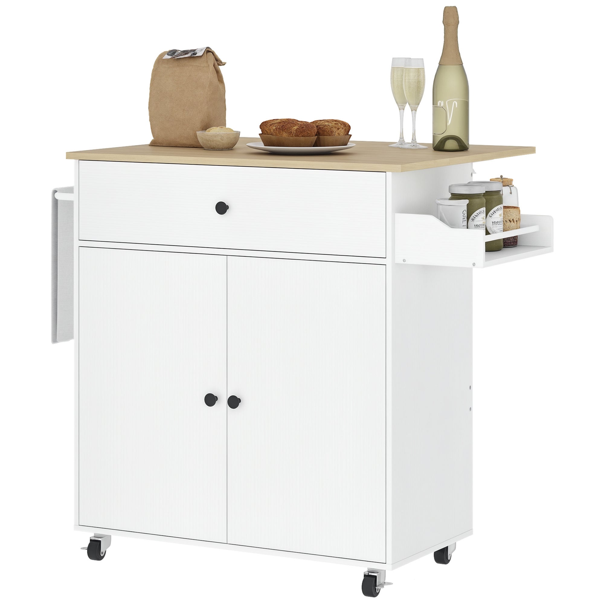 Carrito de cocina con ruedas, isla de cocina - cajón, estante regulable, especiero y toallero