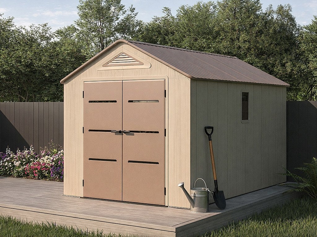 Domek ogrodowy z żywicy w kolorze beżowym i brązowym 9,5 m² z podłogą – grubość 22 mm – ANTEVA
