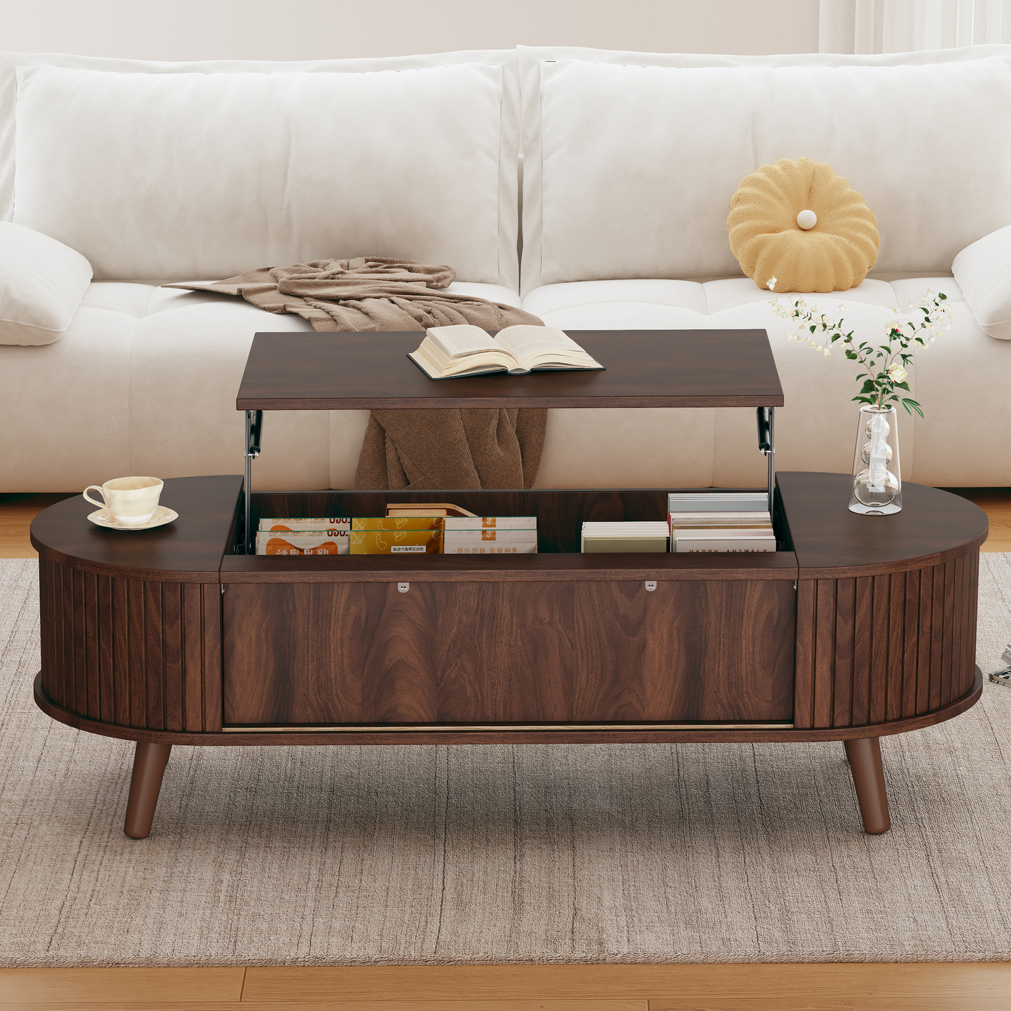 Podnoszony stolik kawowy z 4 otwartymi wnękami - 120 x 50 x 39,5 cm - MDF - do salonu - orzech - 2