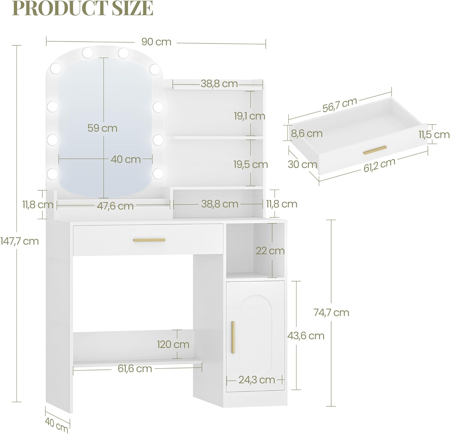 Coiffeuse avec Miroir Ovale, Coiffeuse avec Miroir LED, Luminosité Réglable, Table de Maquillage avec Tiroir, Armoire et Étagères Ouverts, Blanc - 6