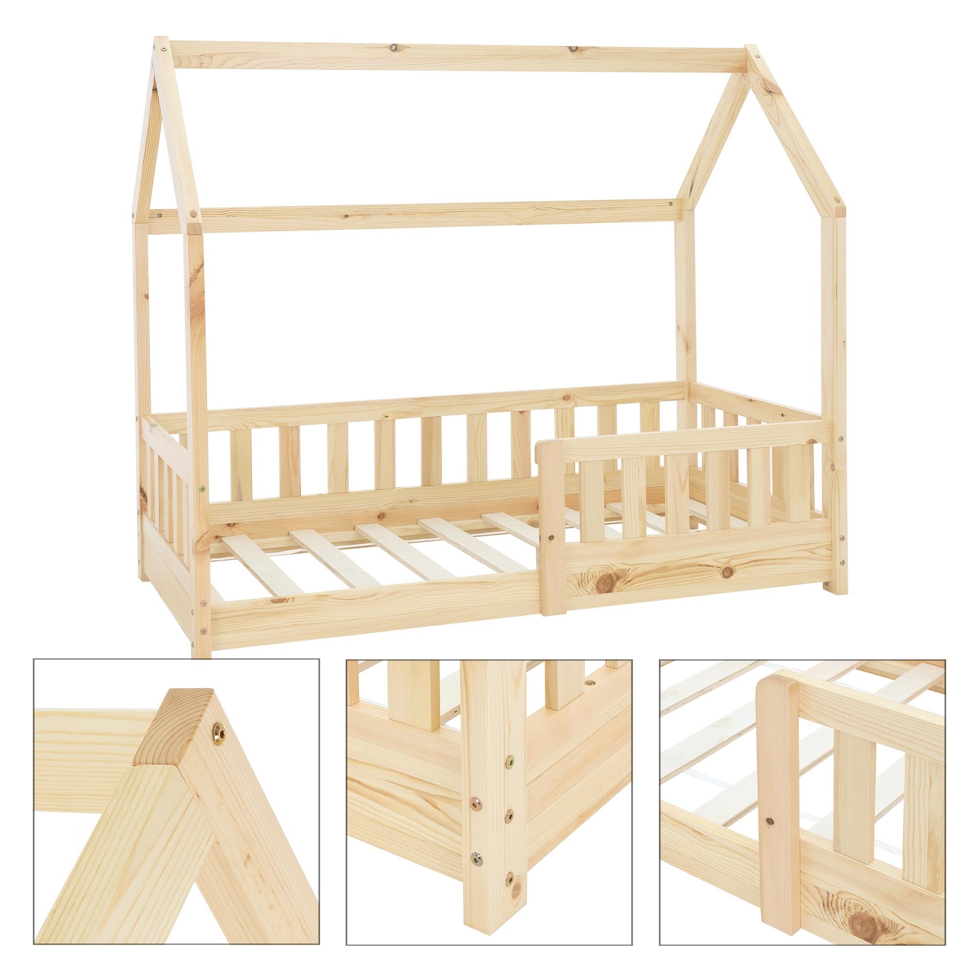 Lit cabane enfant 70x140 cm naturel en bois massif avec matelas, protection antichute, toit et sommier à lattes, couchage maisonnette - 6